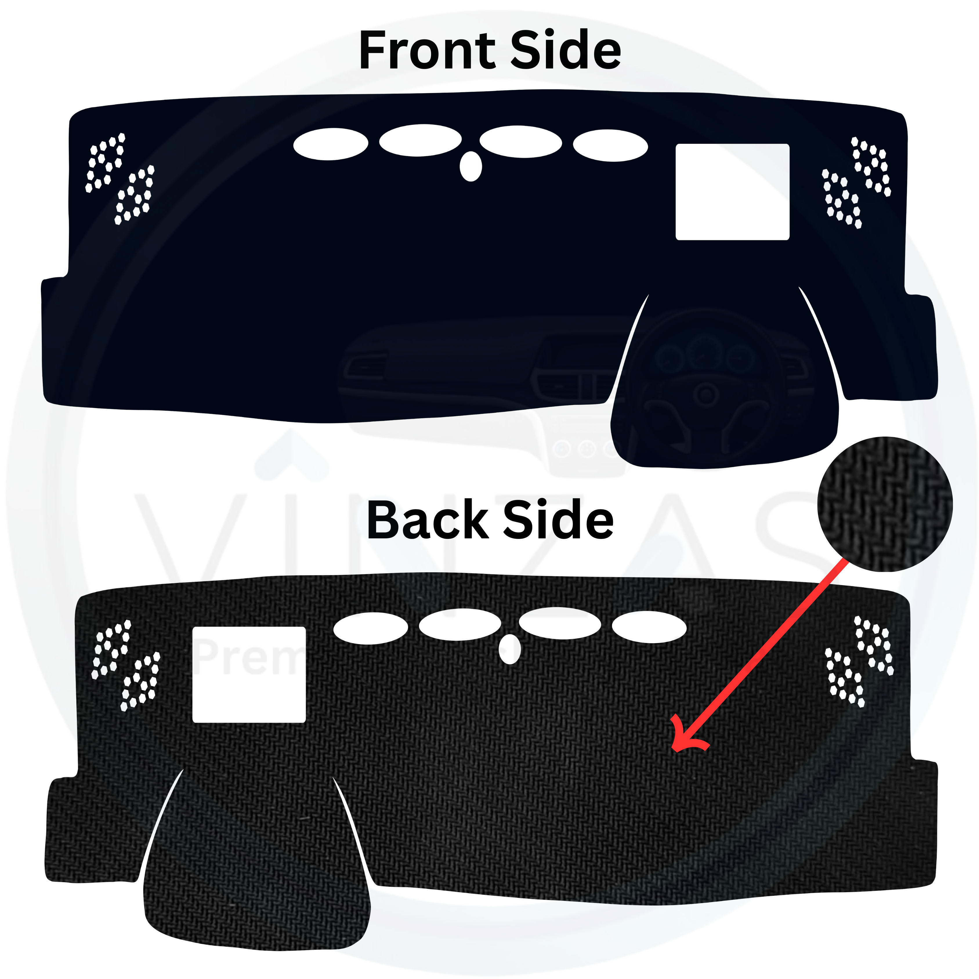 Car dashboard cover with front and back side views on a white background