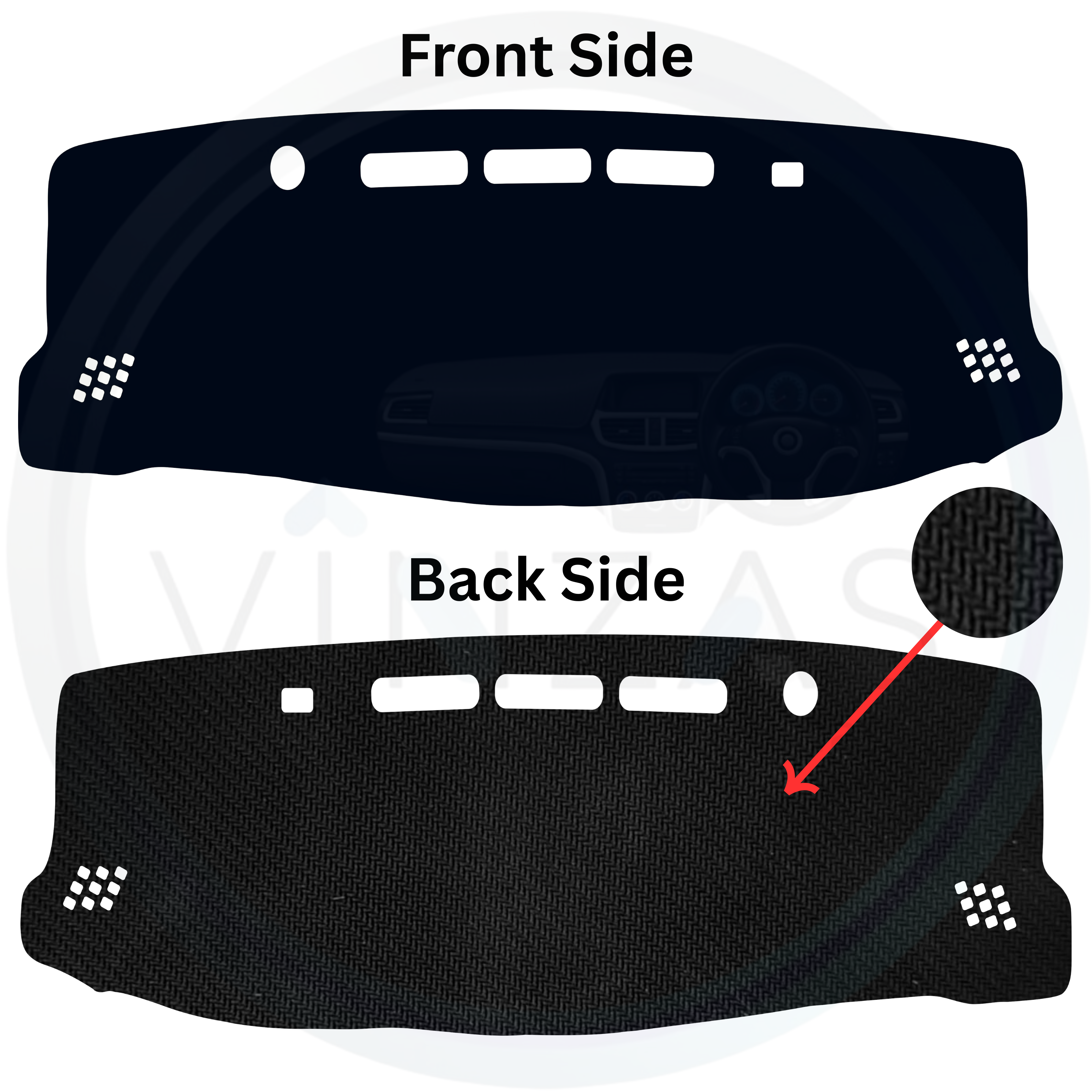 Car dashboard cover showing front and back sides with a focus on texture and material.
