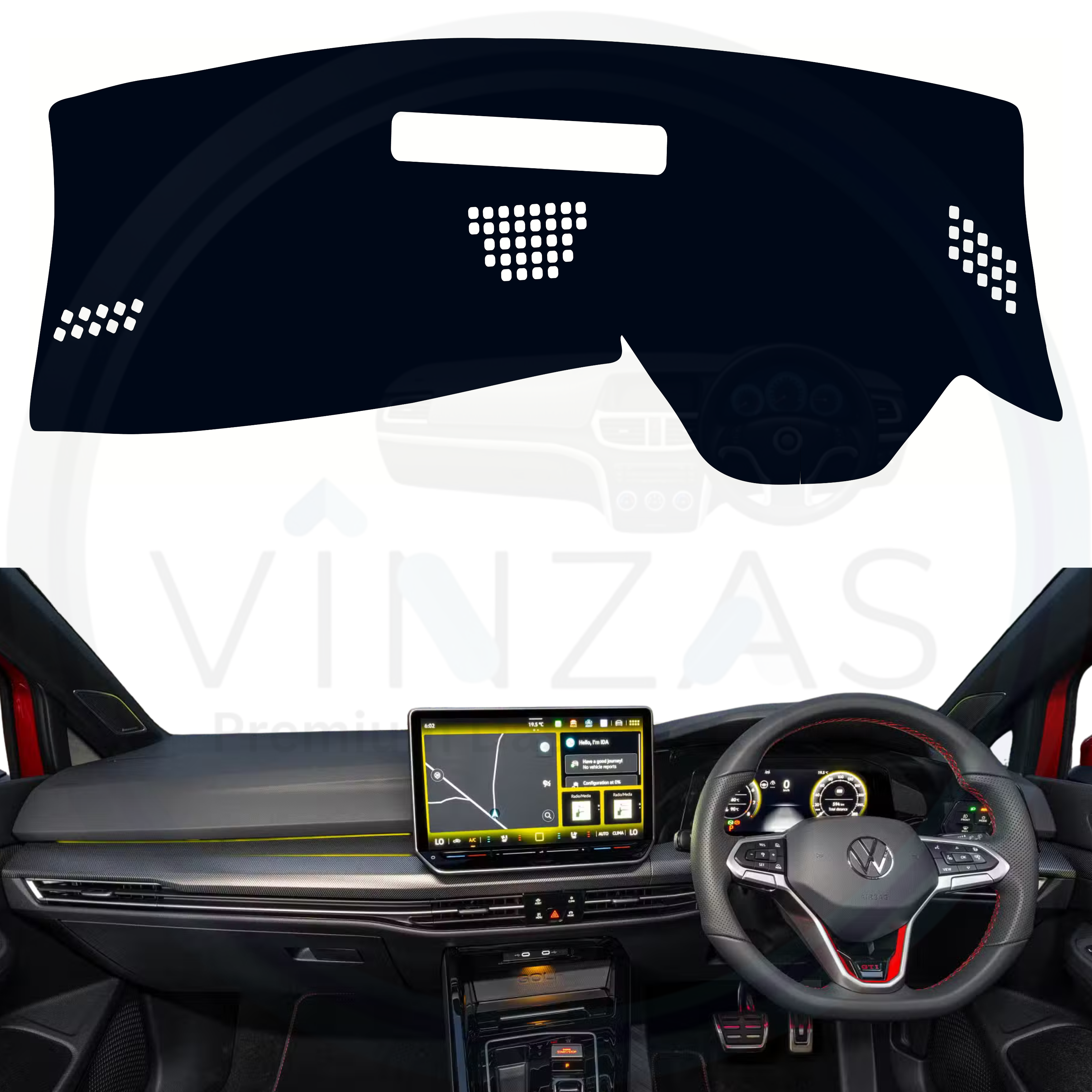 Car dashboard with a black mat and Volkswagen Golf GTI 2024 to 2025 steering wheel on a white background