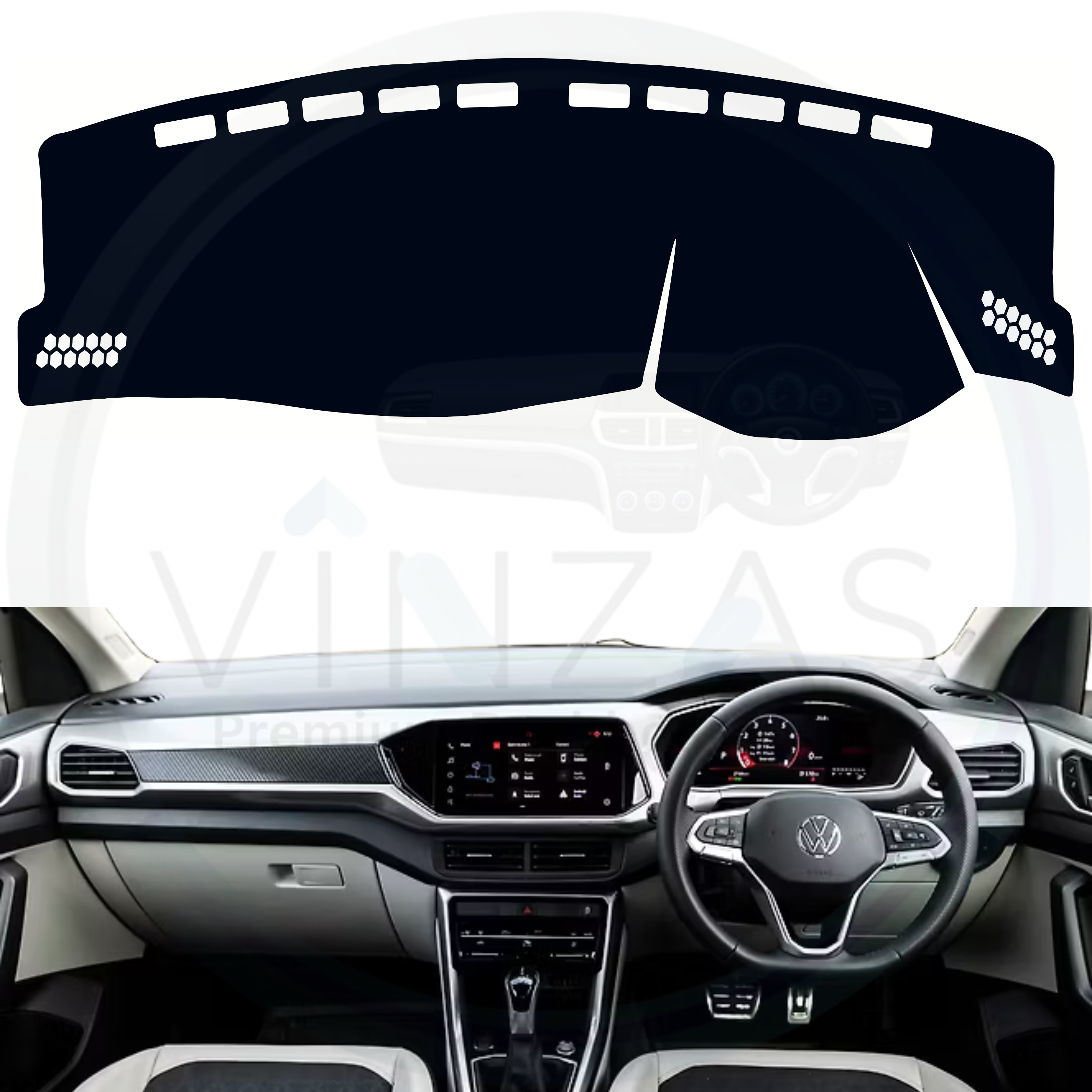 Car dashboard cover Volkswagen Taigun 2021 to 2025 with a white car interior background