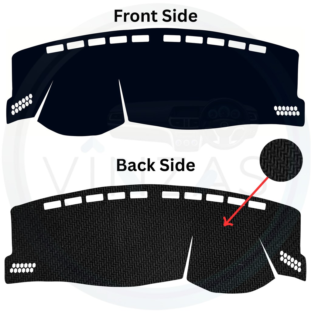 Car Volkswagen Taigun 2021 to 2025 dashboard cover with front and back side labels on a white background