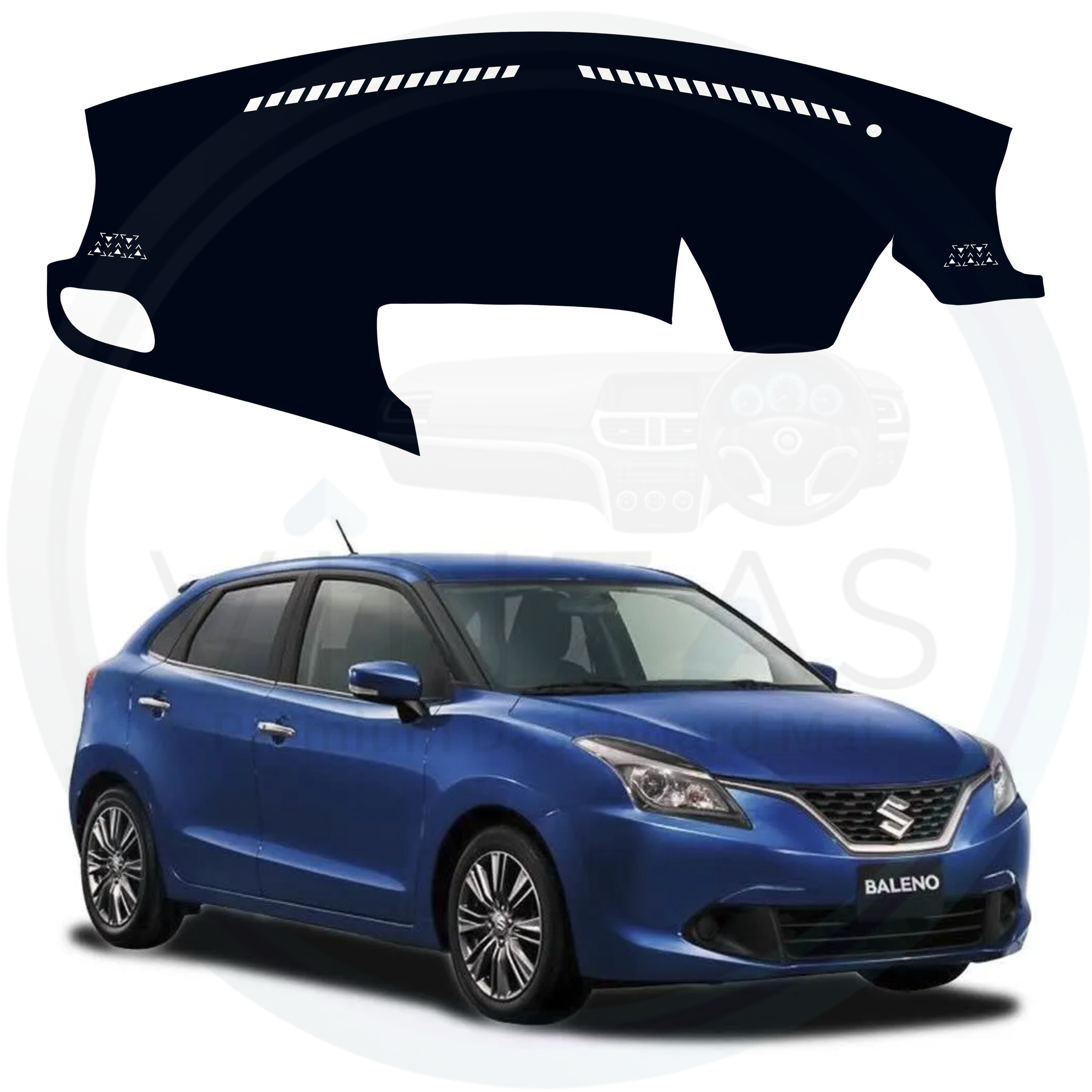 Car dashboard cover and a blue Suzuki Baleno on a white background
