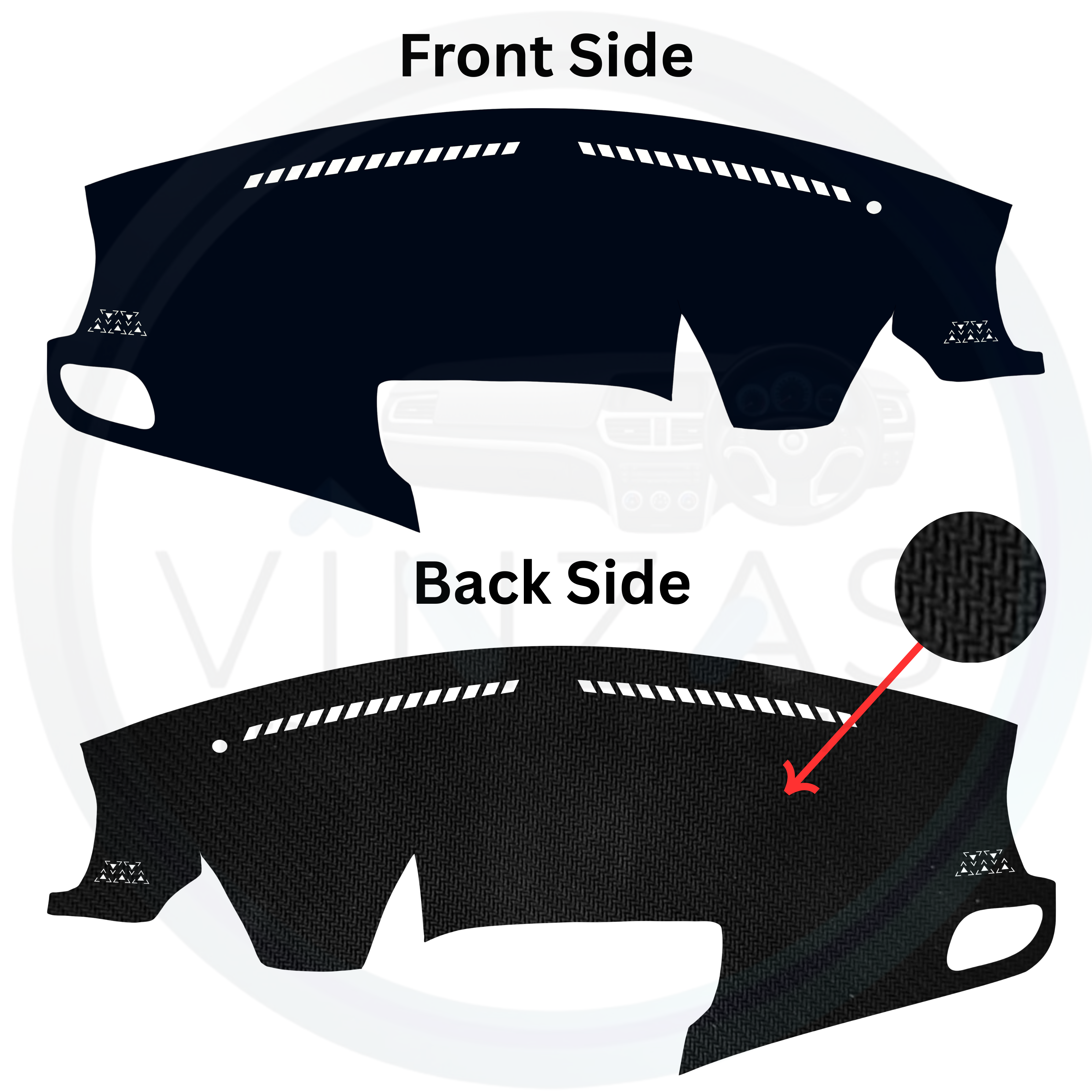 Car dashboard cover with front and back side views on a white background