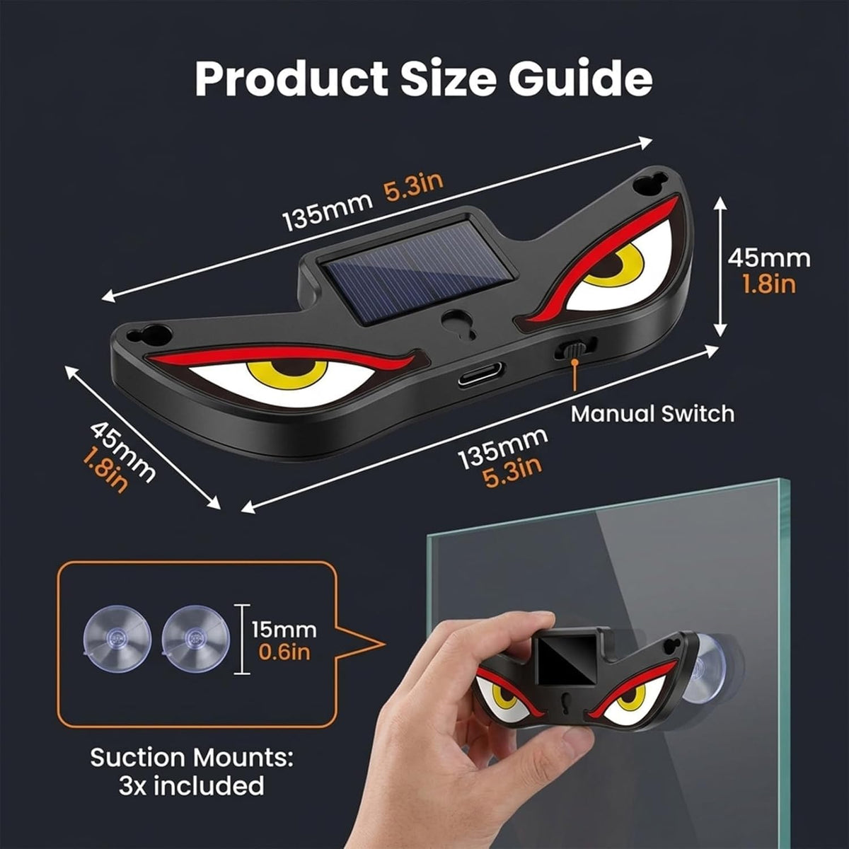 Solar Demon Eye LED Car Window Light with USB Powered Devil Eyes Warning Lights for Cars