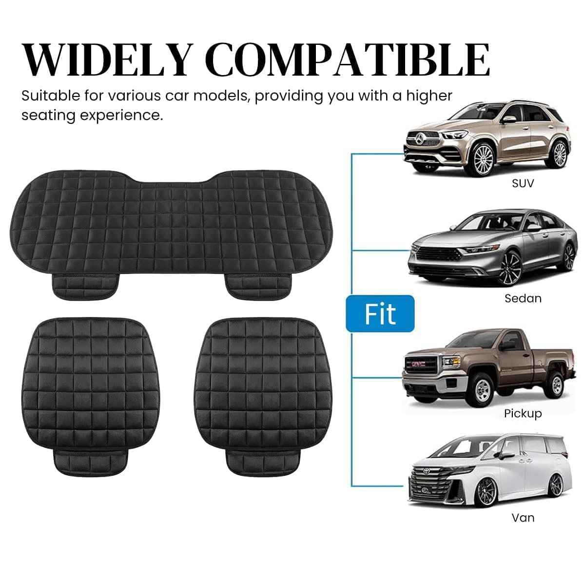VINZAS Premium Quilted Car Seat Cover Set – Universal Fit | Soft & Comfortable | Black