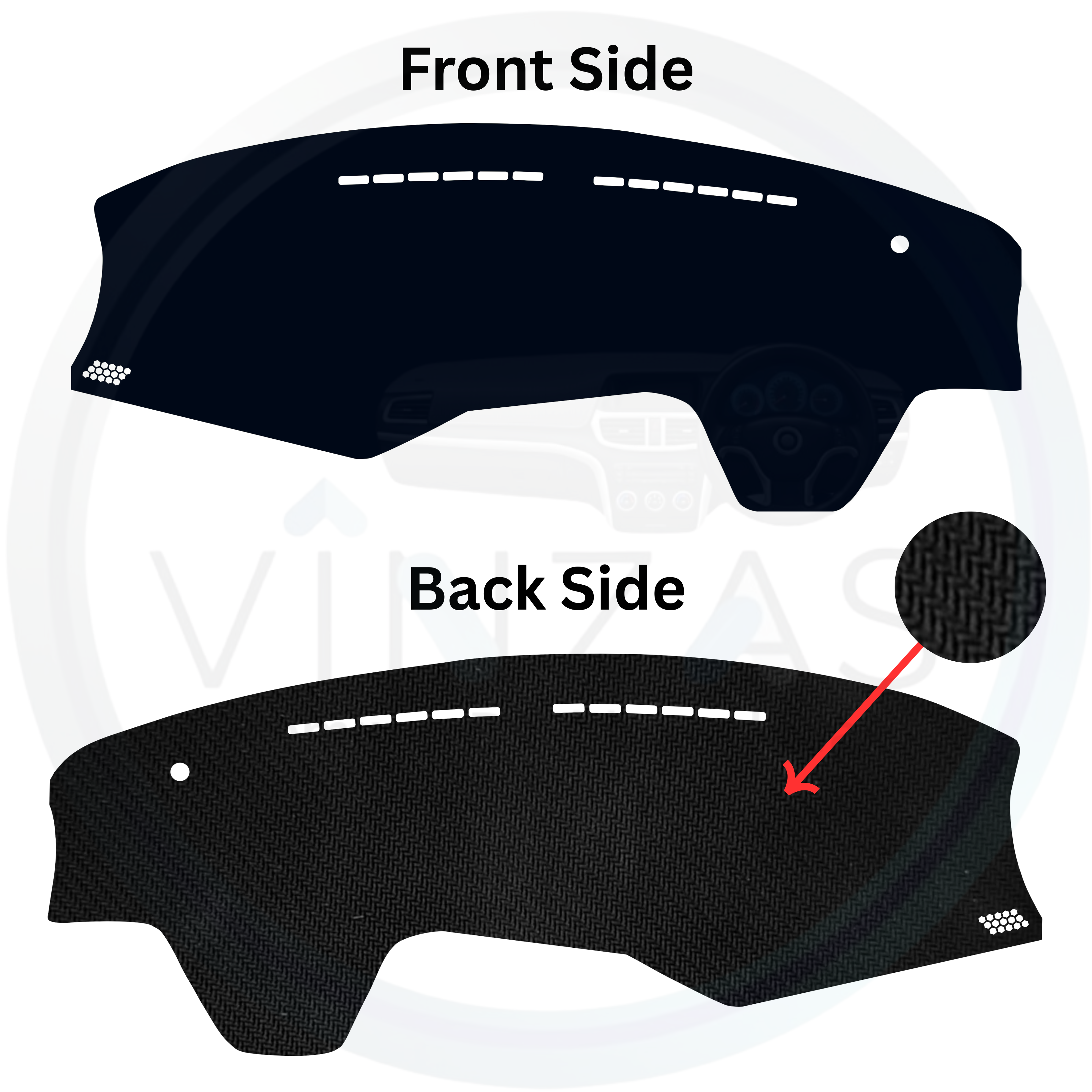 Car dashboard cover showing front and back sides with text labels.