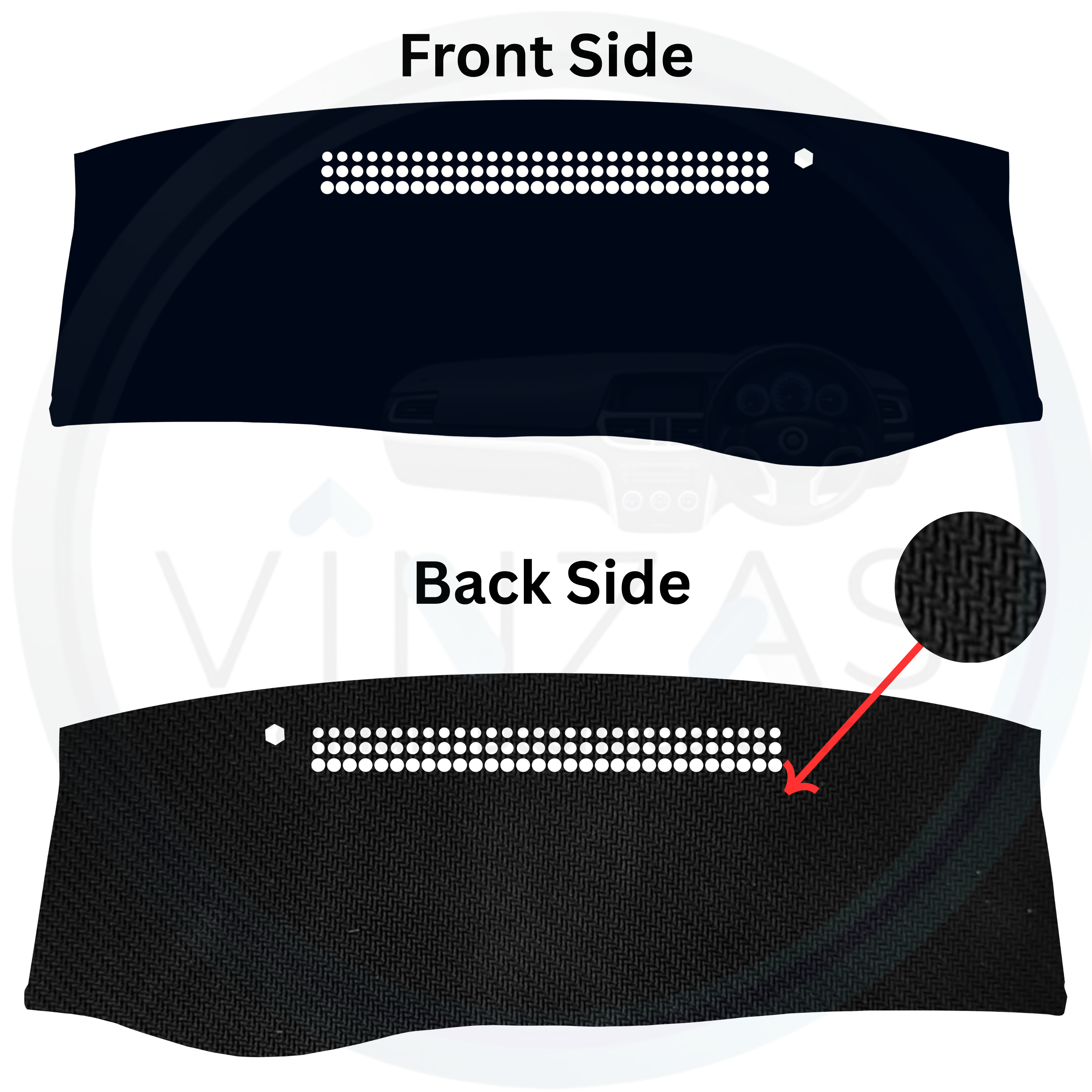 Black headband with front and back side labels on a white background