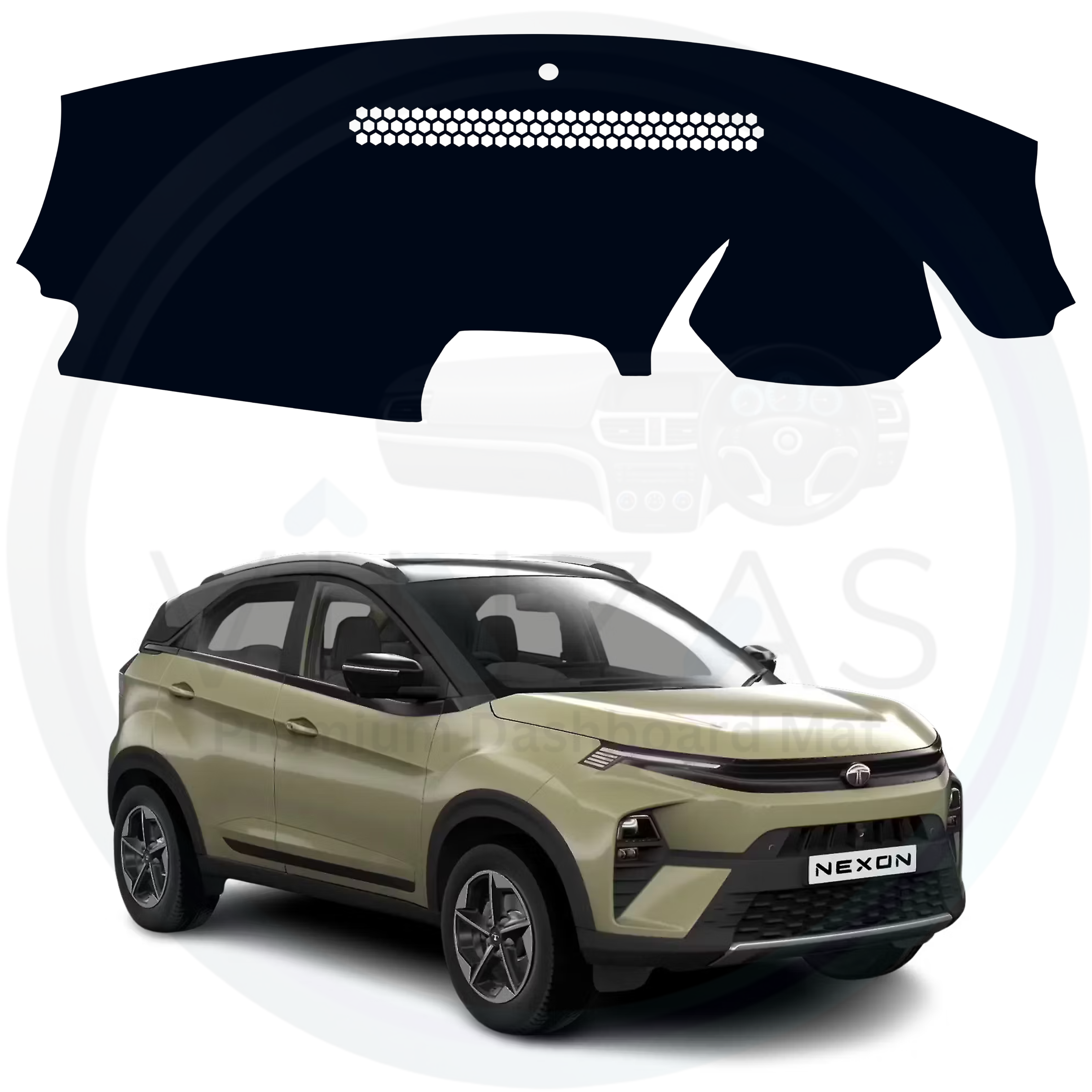 Car dashboard cover on a white background with a car model displayed below.