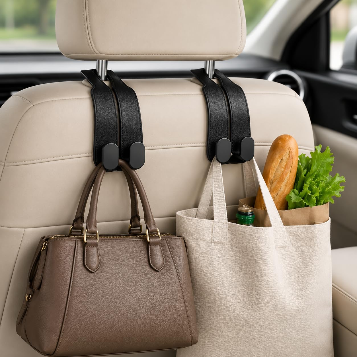 2 Pack Car Seat Headrest Double Hooks Leather Car Back Seat Headrest Hooks for Purses, Bags and Handbags, Car Organization Accessories