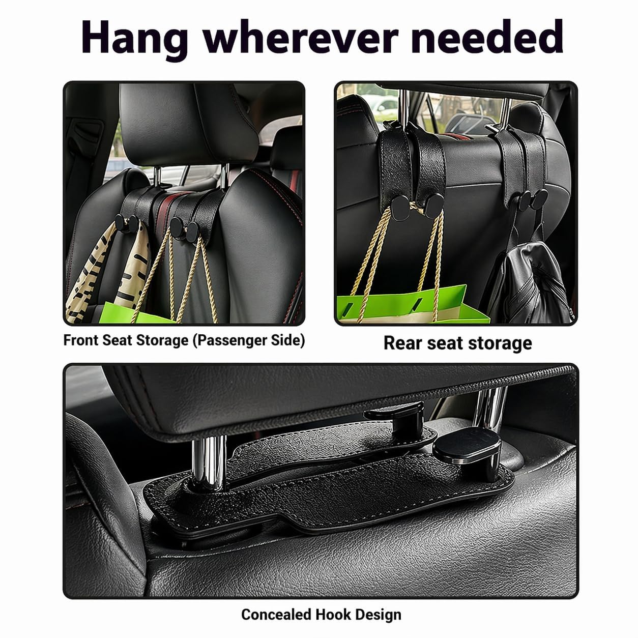 2 Pack Car Seat Headrest Double Hooks Leather Car Back Seat Headrest Hooks for Purses, Bags and Handbags, Car Organization Accessories