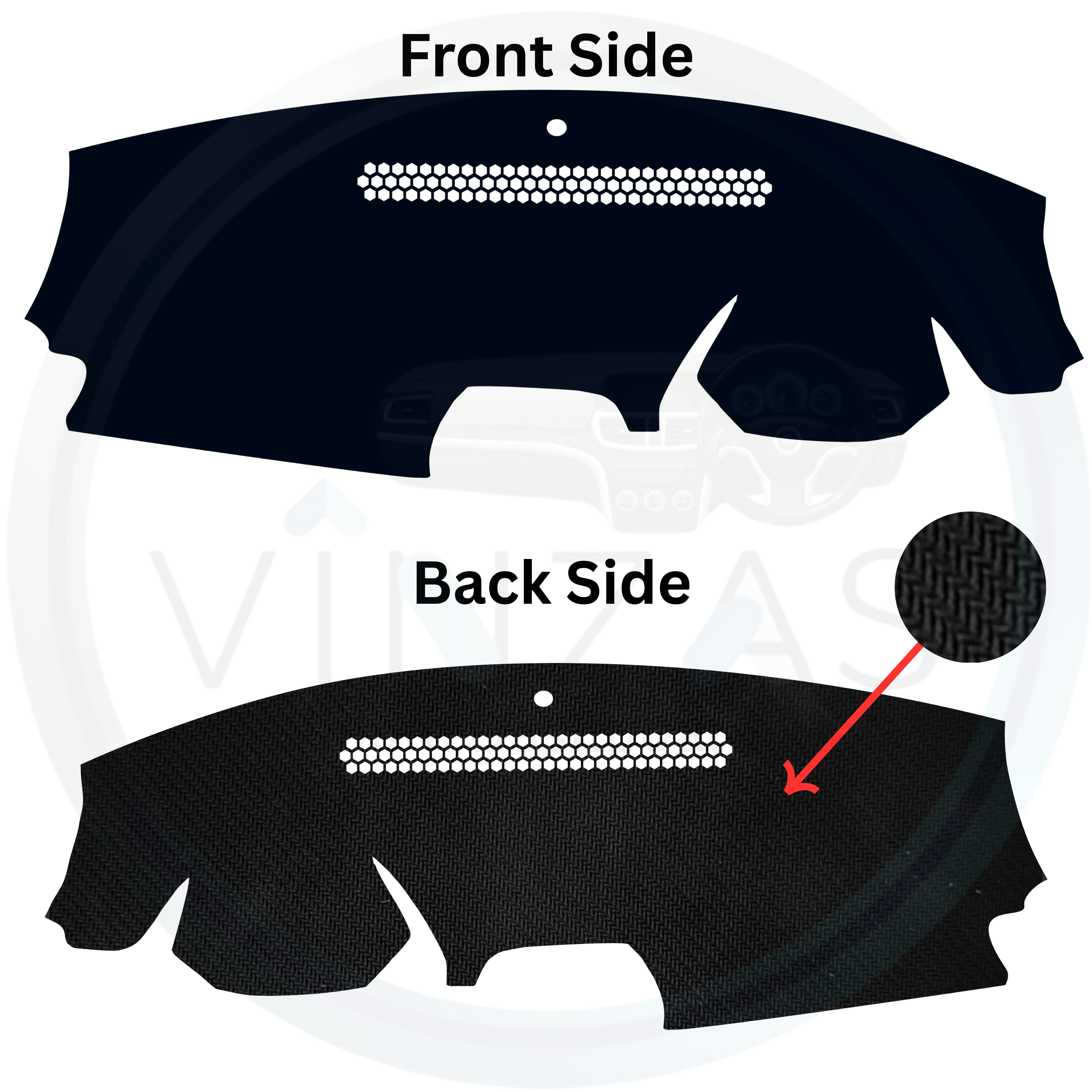 Car dashboard cover with front and back side views on a white background