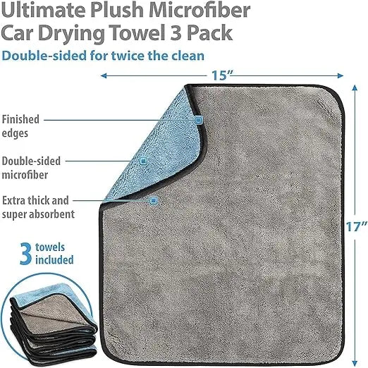 Gray and blue microfiber car drying towel with features highlighted on a white background
