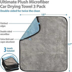 Gray and blue microfiber car drying towel with features highlighted on a white background