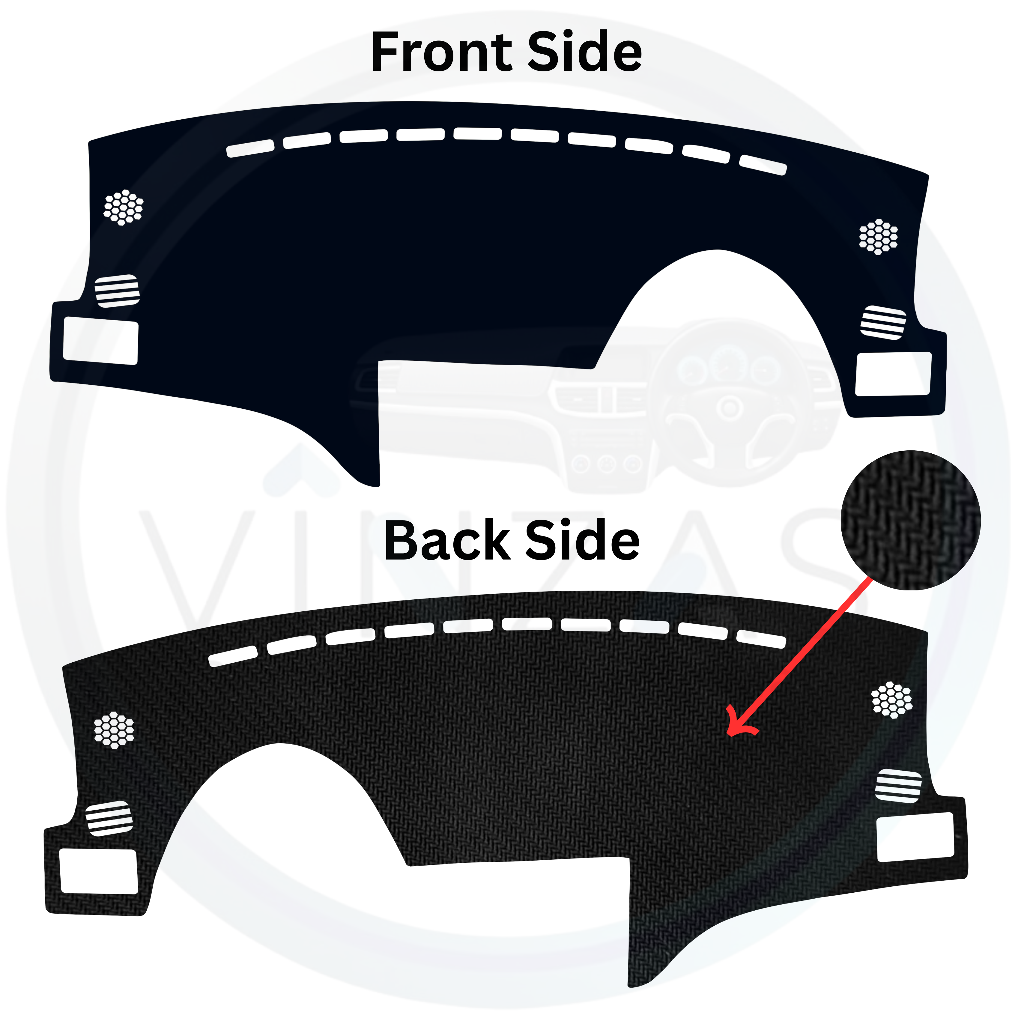 Car dashboard cover with front and back side views on a white background
