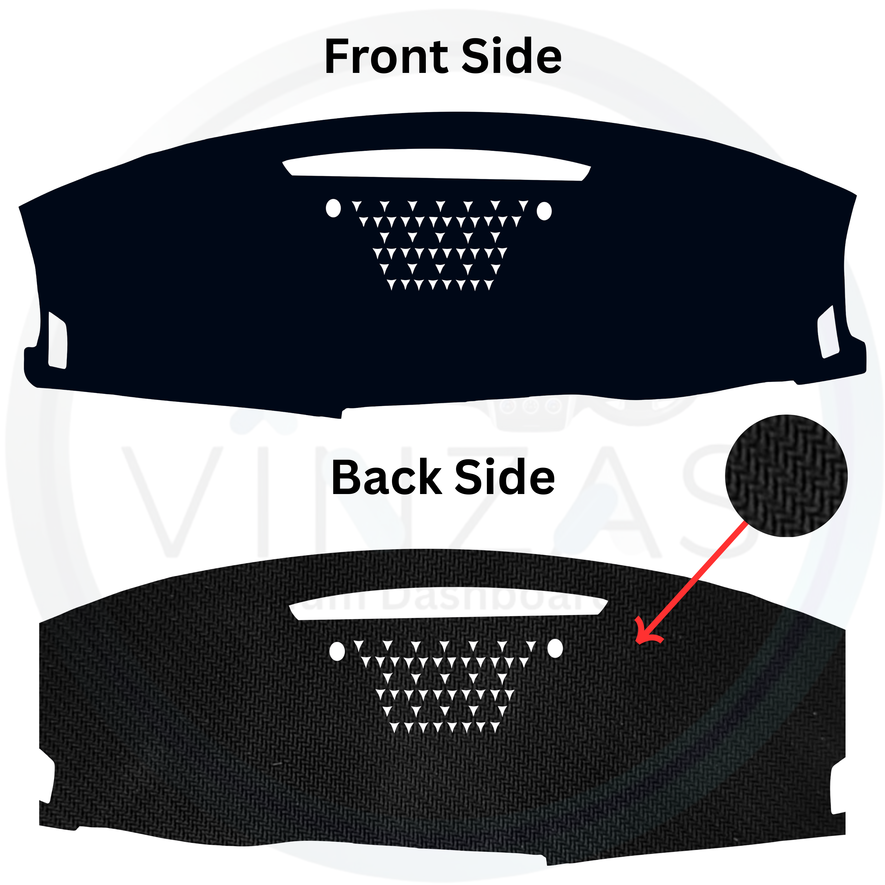Car dashboard cover with front and back side views on a white background