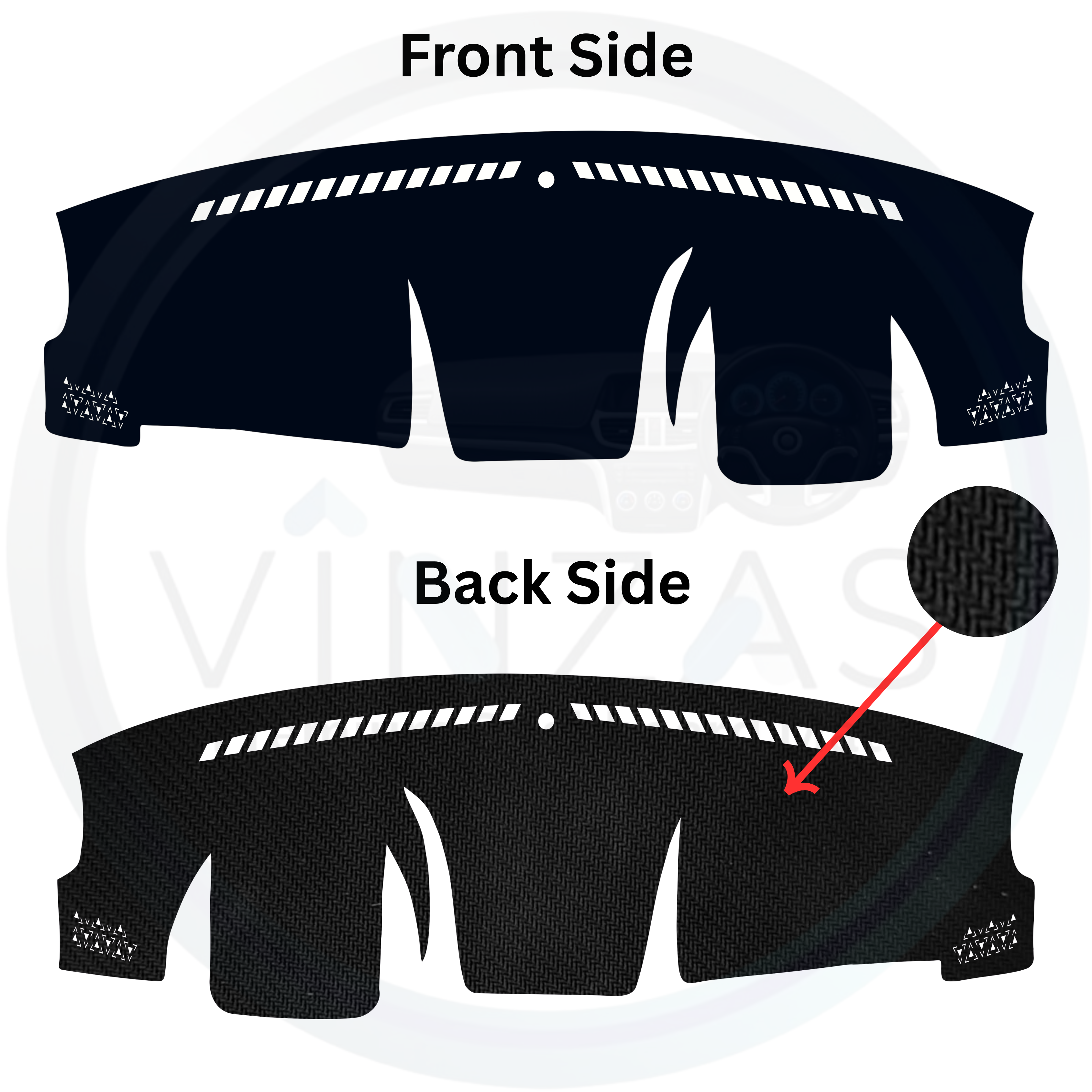 Car dashboard cover with front and back side views on a white background