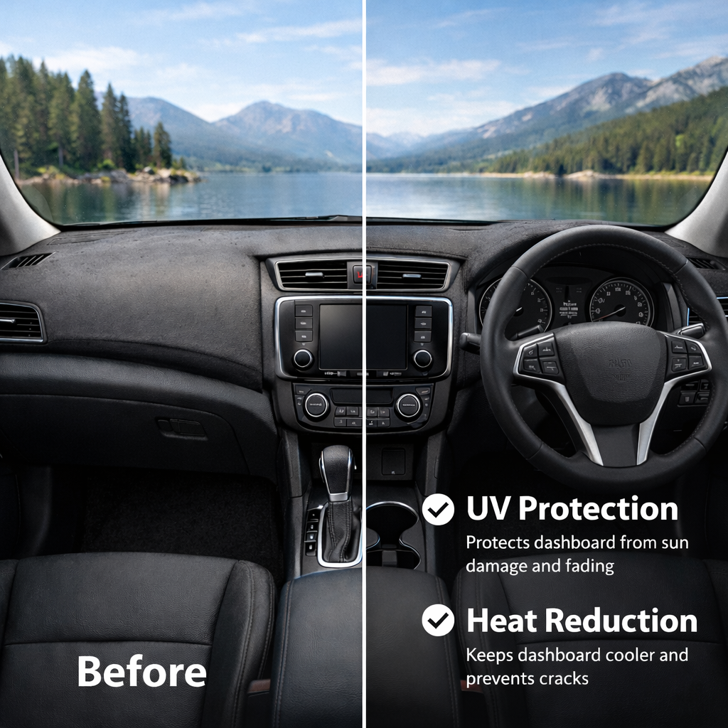 Car interior before and after treatment with UV protection and heat reduction features.