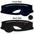 Black eye mask with front and back side views on a white background
