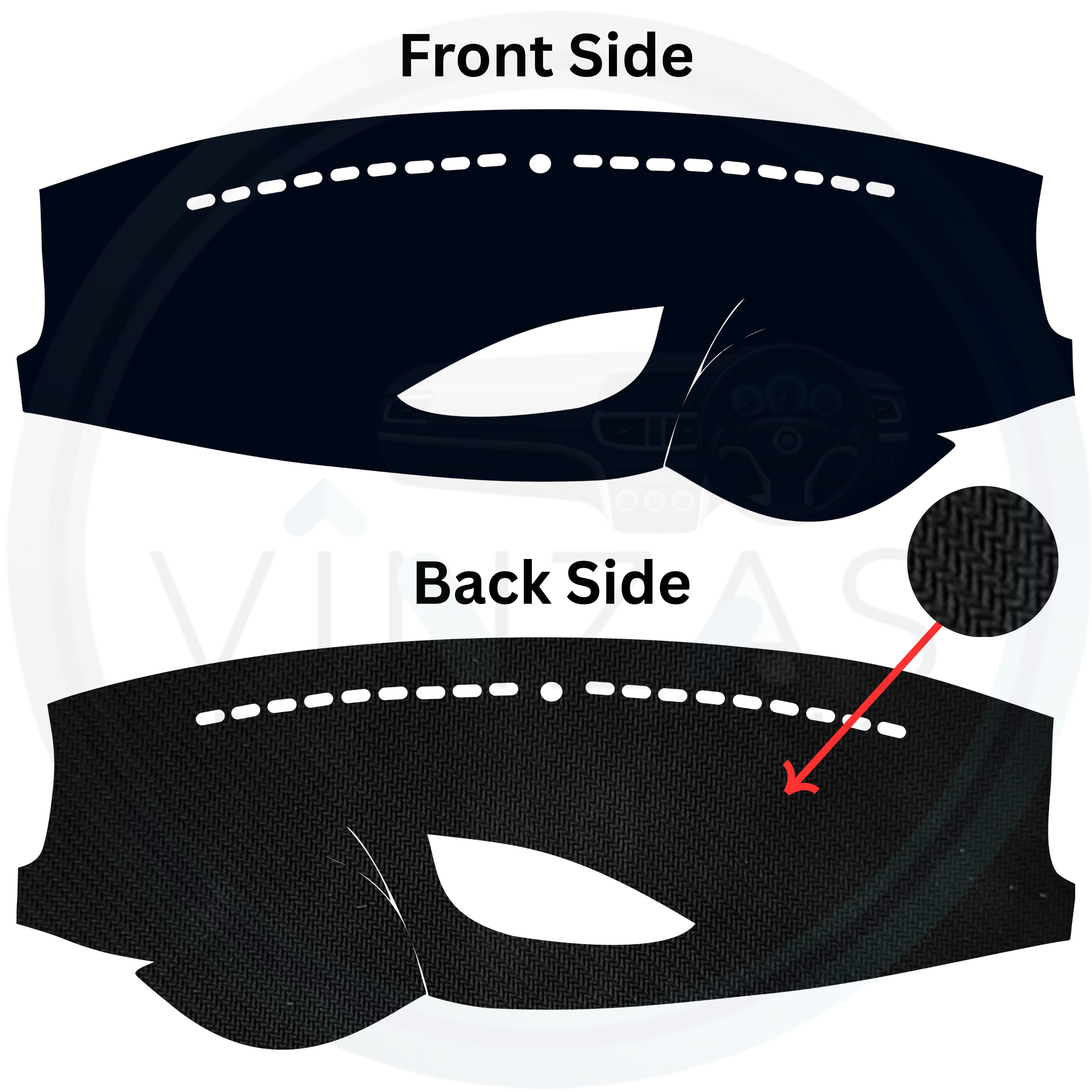 Black eye mask with front and back side views on a white background
