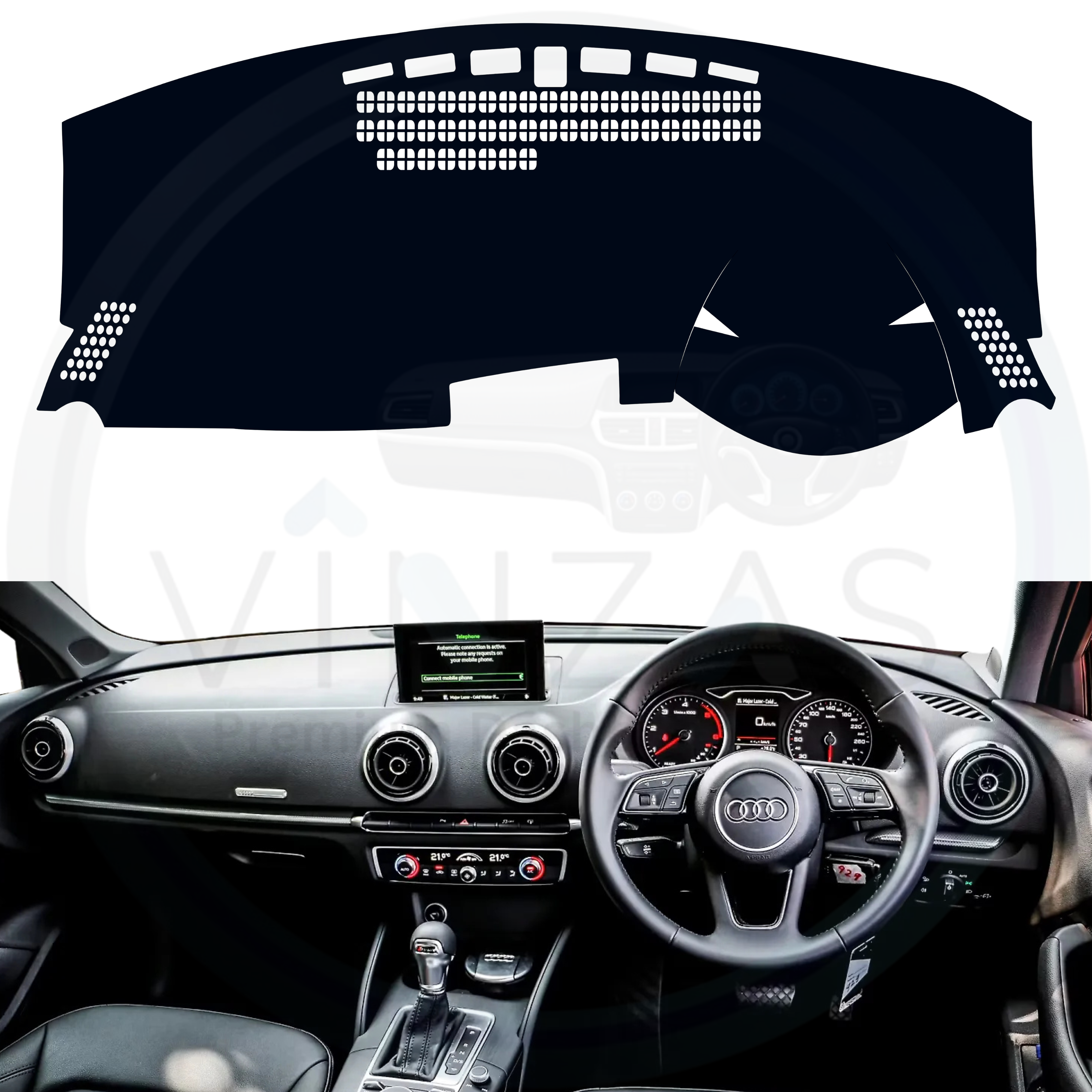 Black custom car dashboard cover installed in an Audi A3