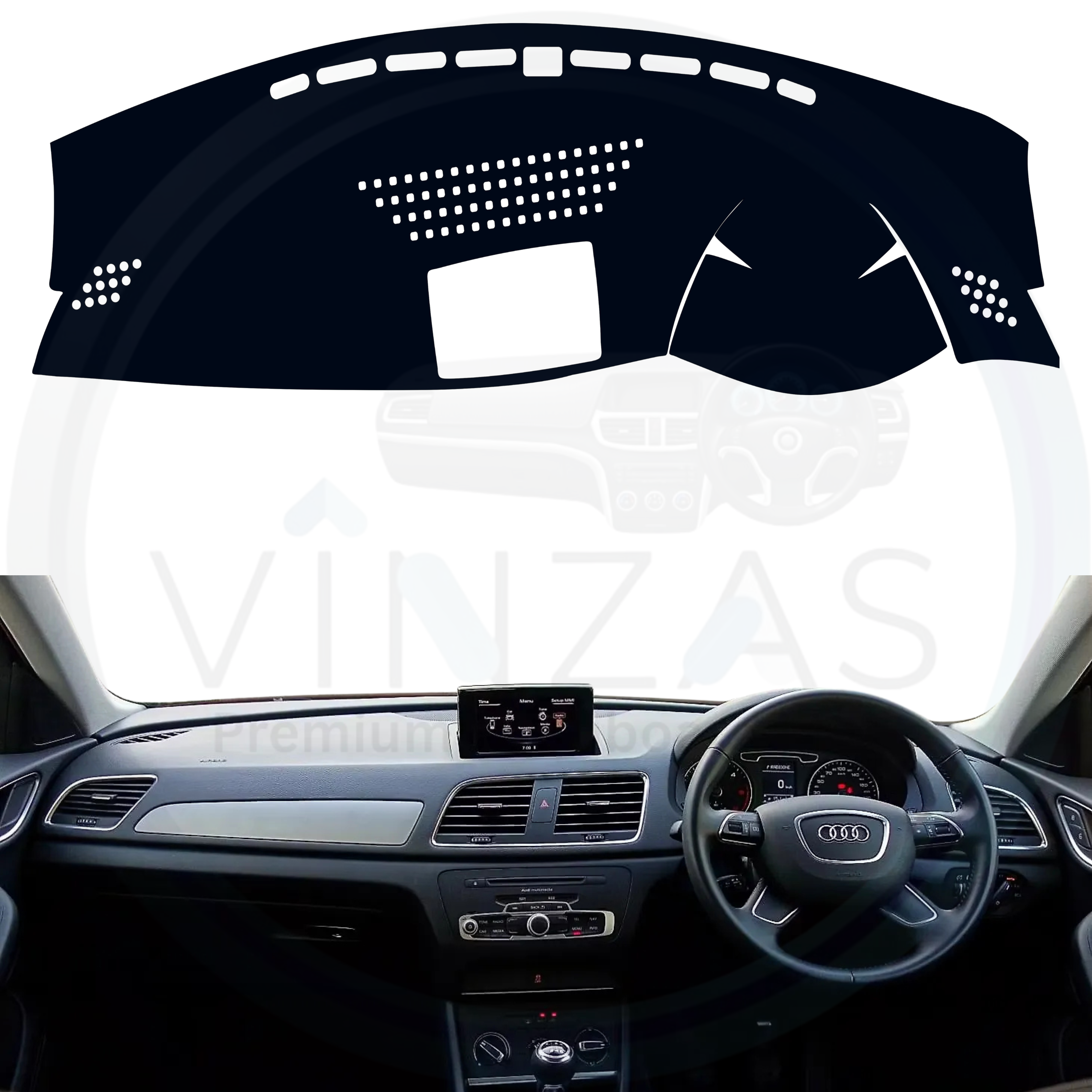 Black custom car dashboard cover installed in an Audi Q3 