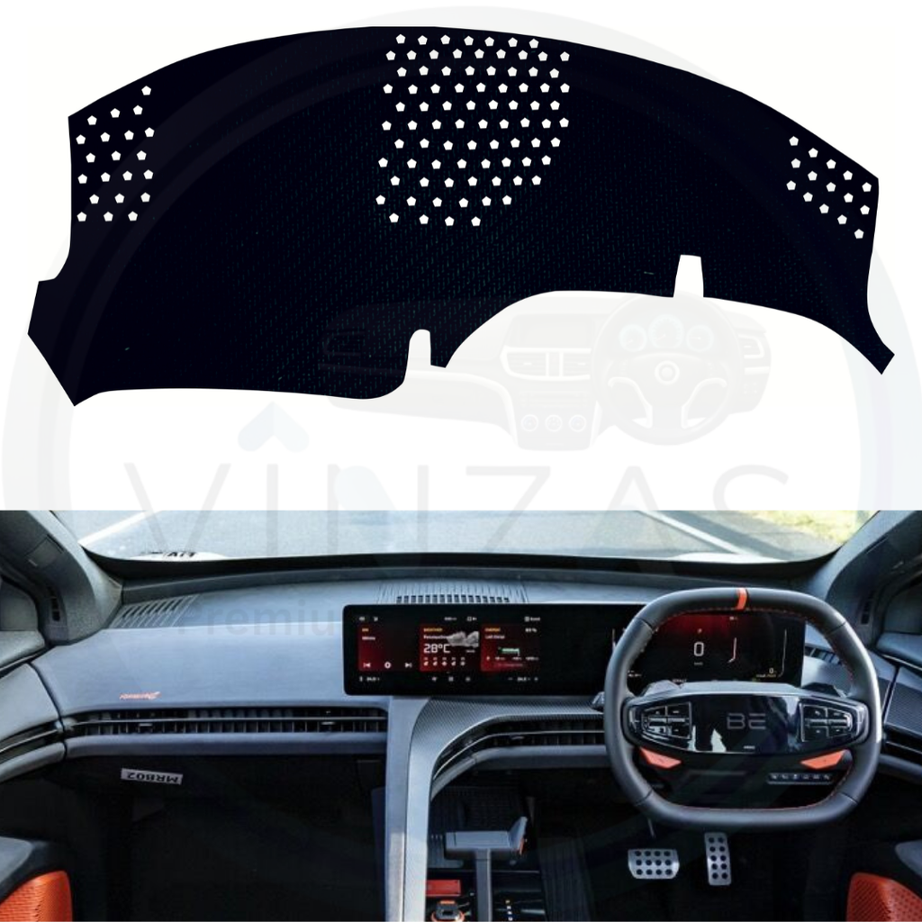 Black custom car dashboard cover installed in a BE 6