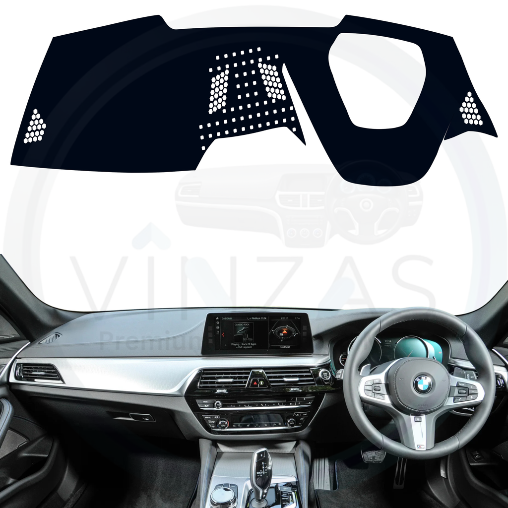 Black custom car dashboard cover installed in a BMW 530D