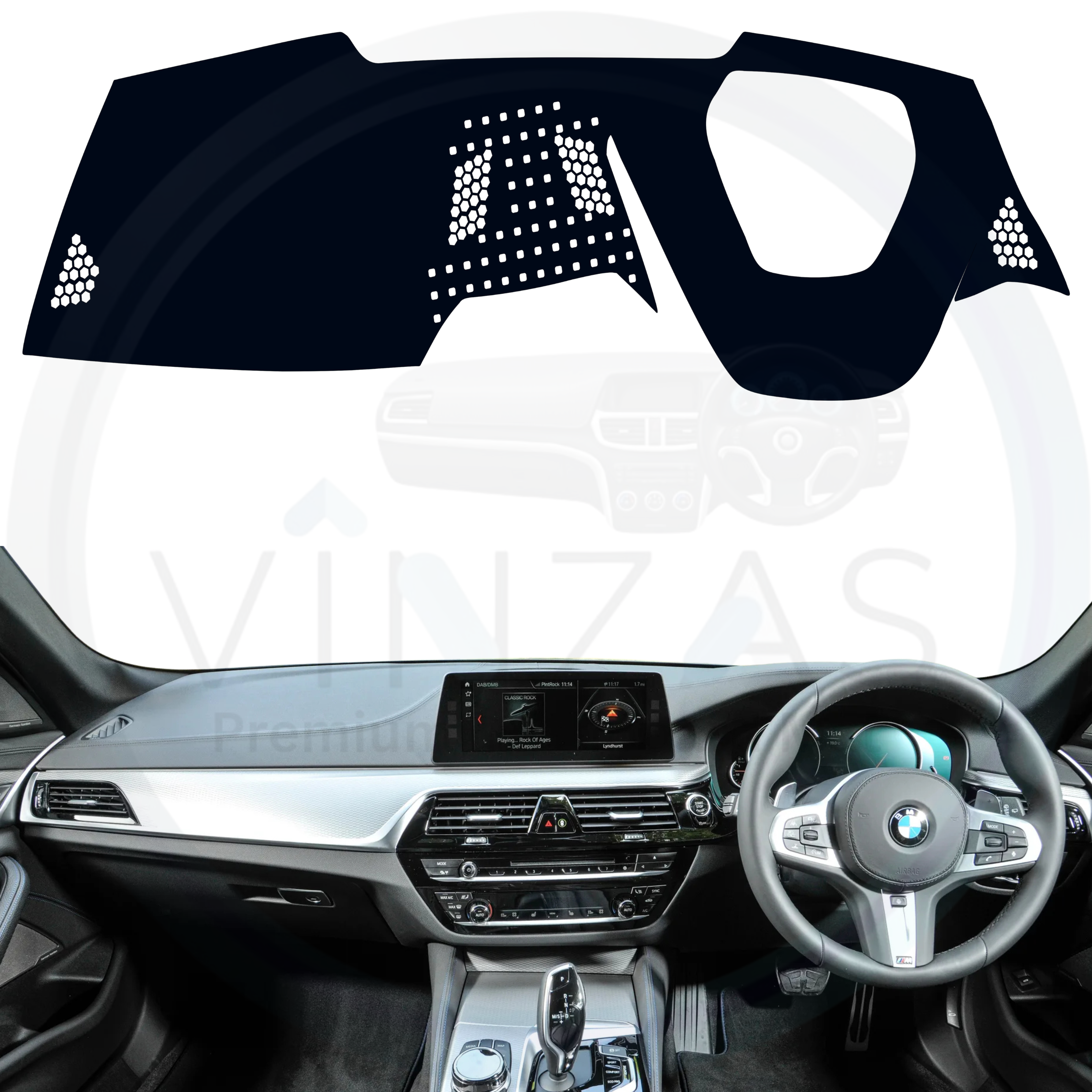 Black custom car dashboard cover installed in a BMW 530D