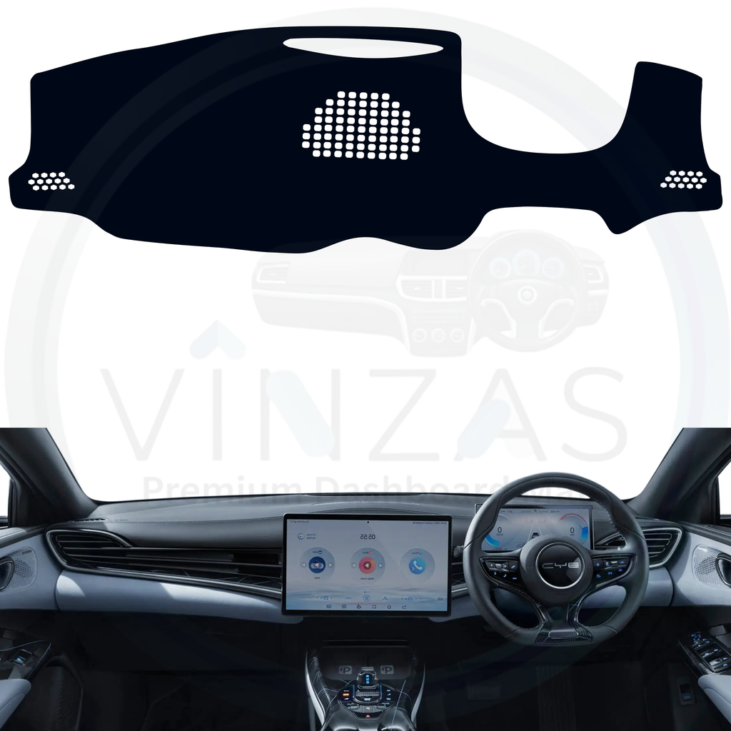 Black custom car dashboard cover installed in a BYD Seal