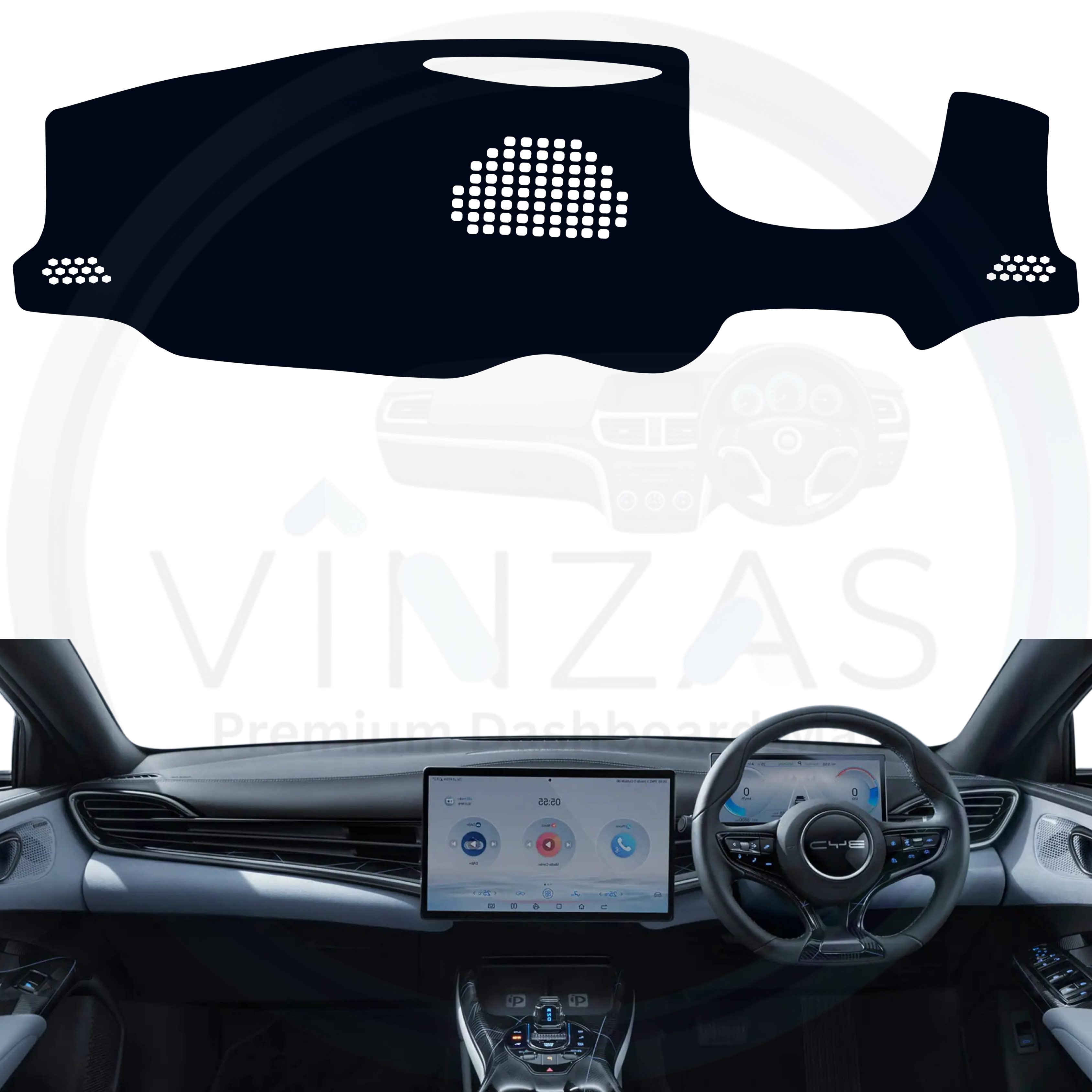 Black custom car dashboard cover installed in a BYD Seal