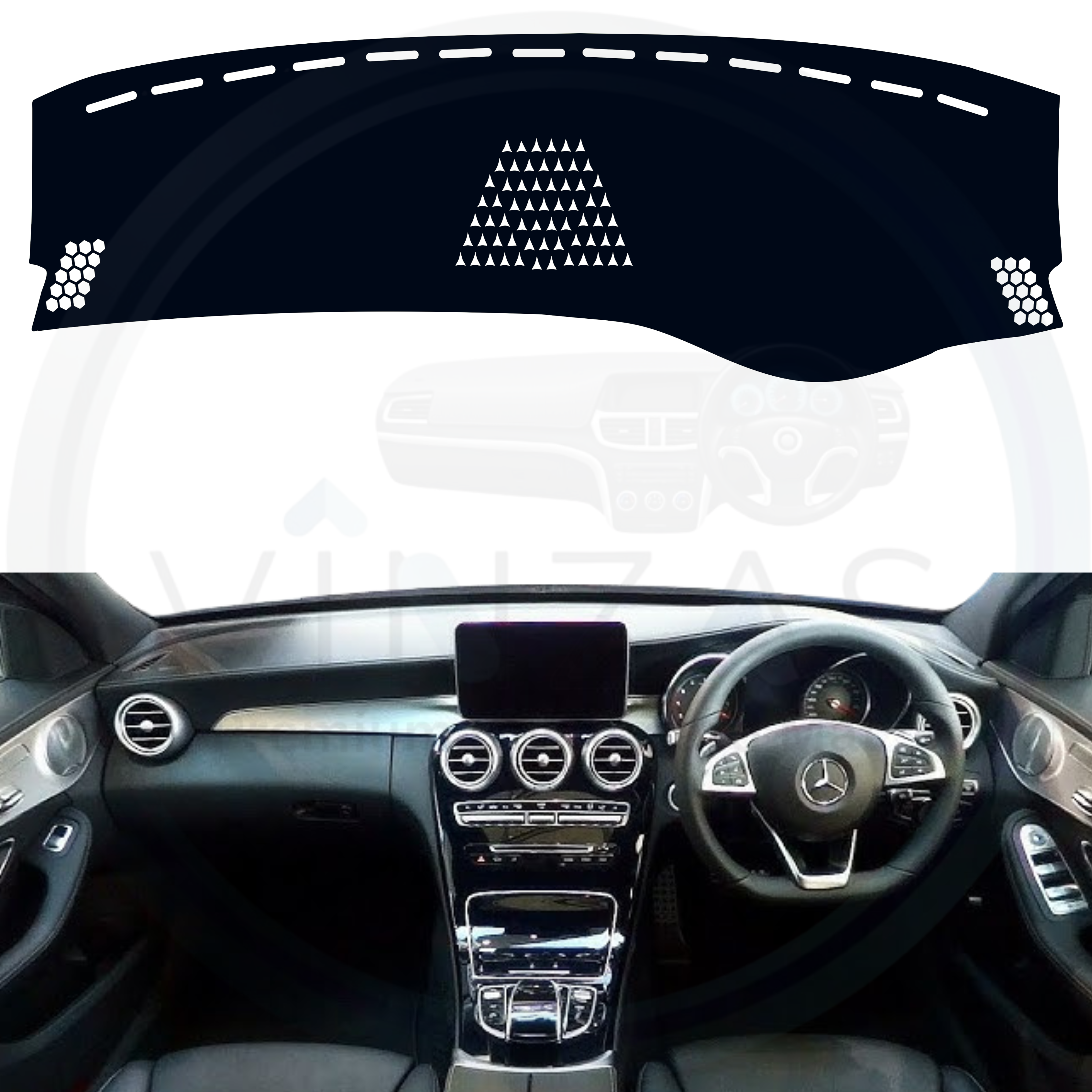 Black custom car dashboard cover installed in a Benz C-Class
