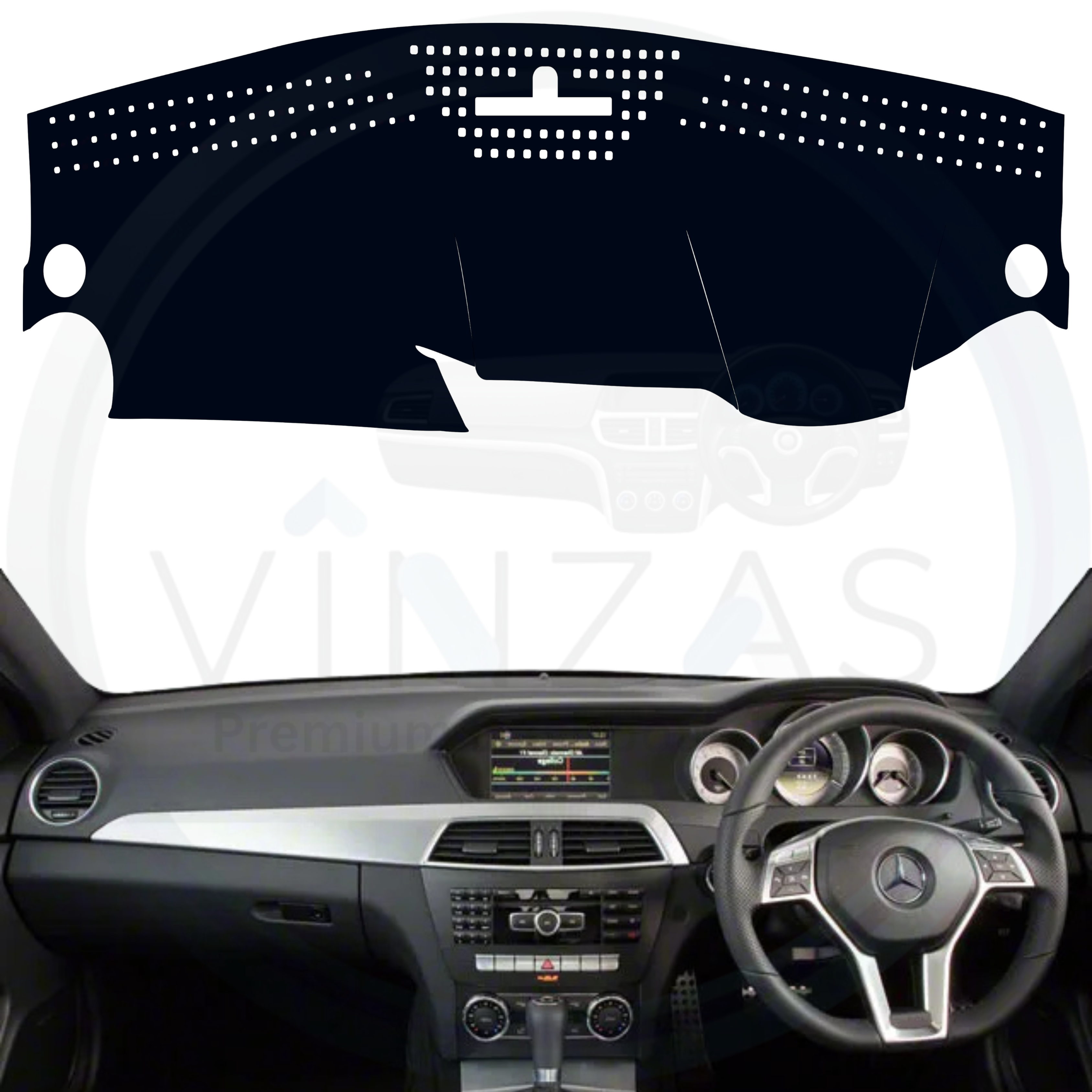 Black custom car dashboard cover installed in a Benz C-Class 2012 To 2015