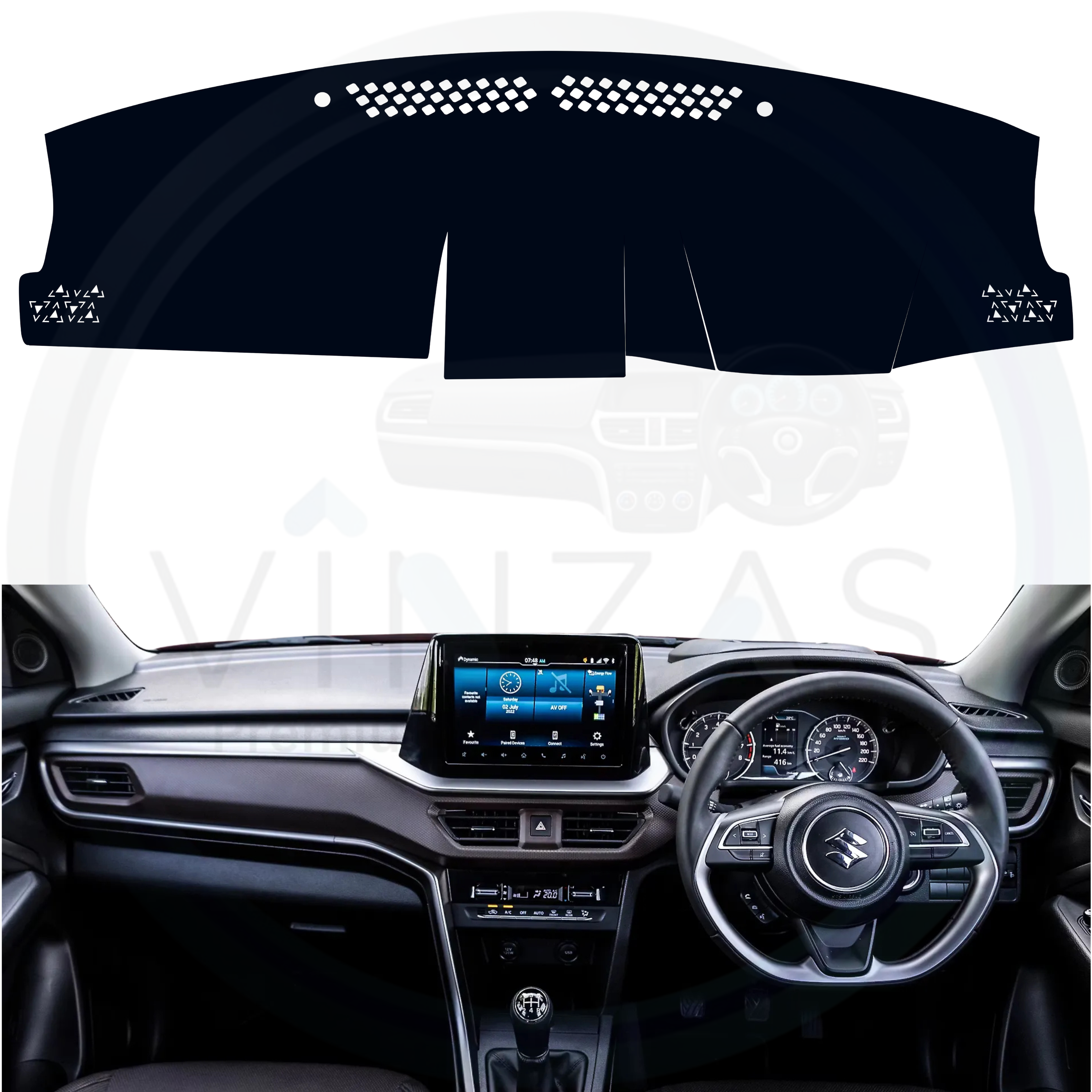 Black custom car dashboard cover installed in a Brezza 
