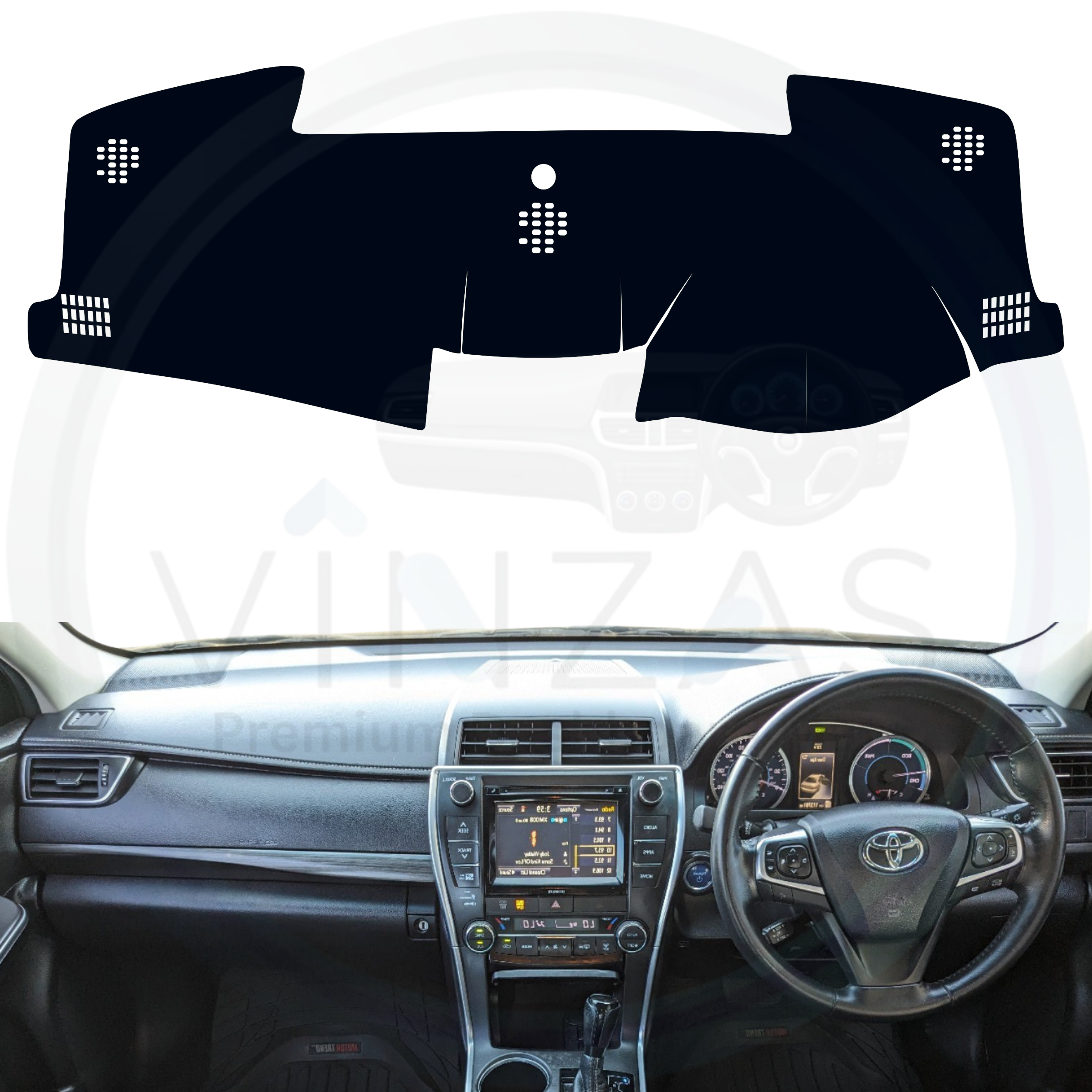 Black custom car dashboard cover installed in a Camry 2013 To 2018

