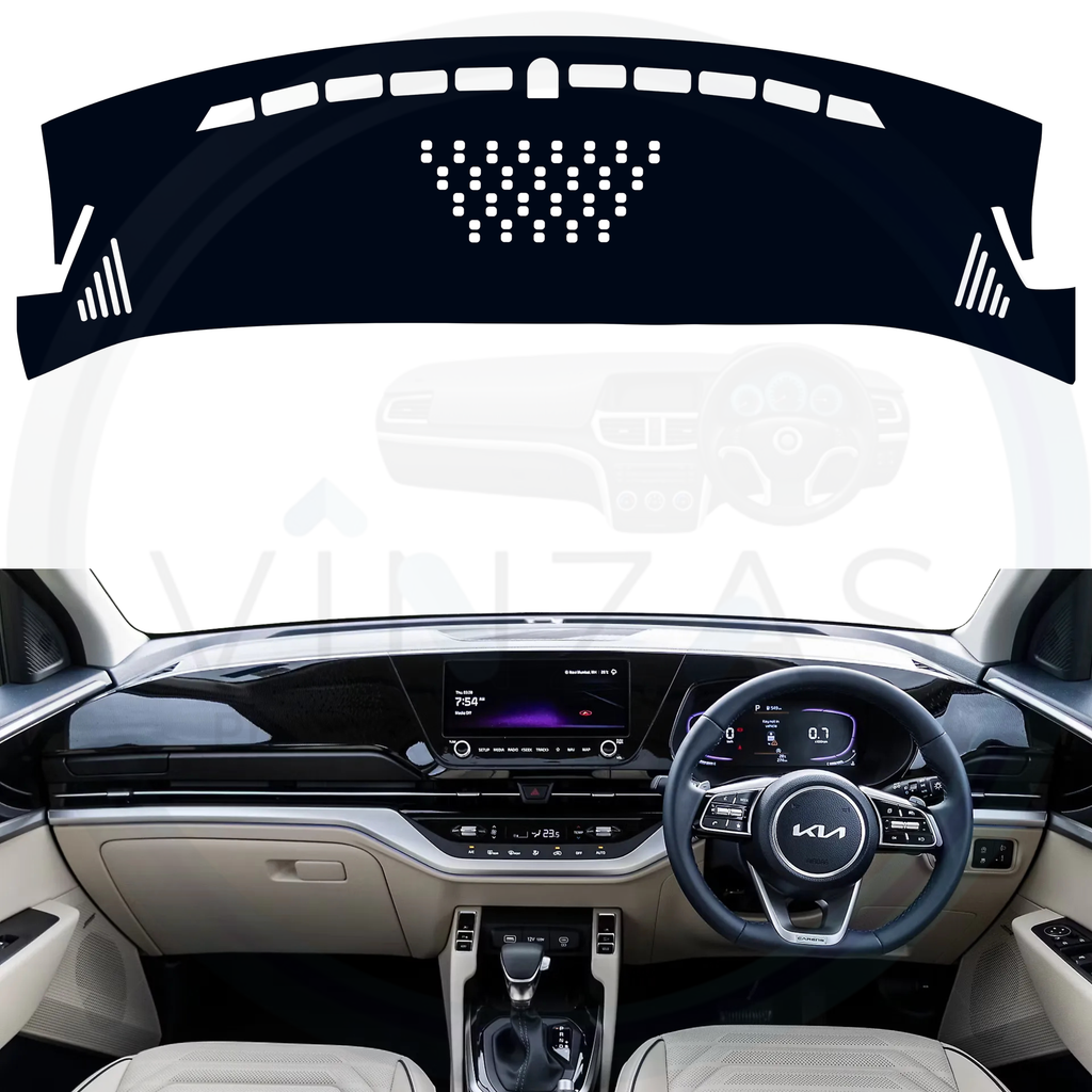 Black custom car dashboard cover installed in a Carens 