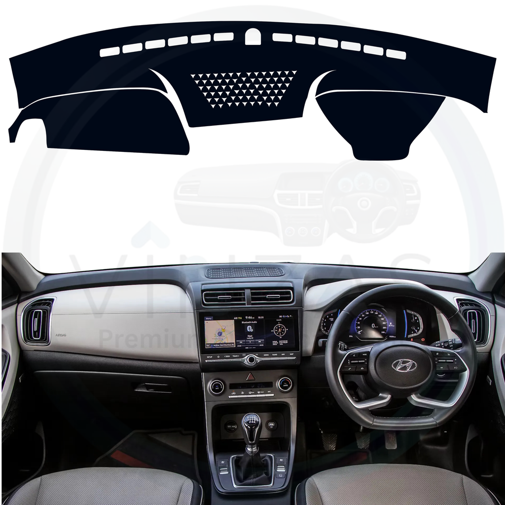 Black custom car dashboard cover installed in a Creta 2019 To 2024
