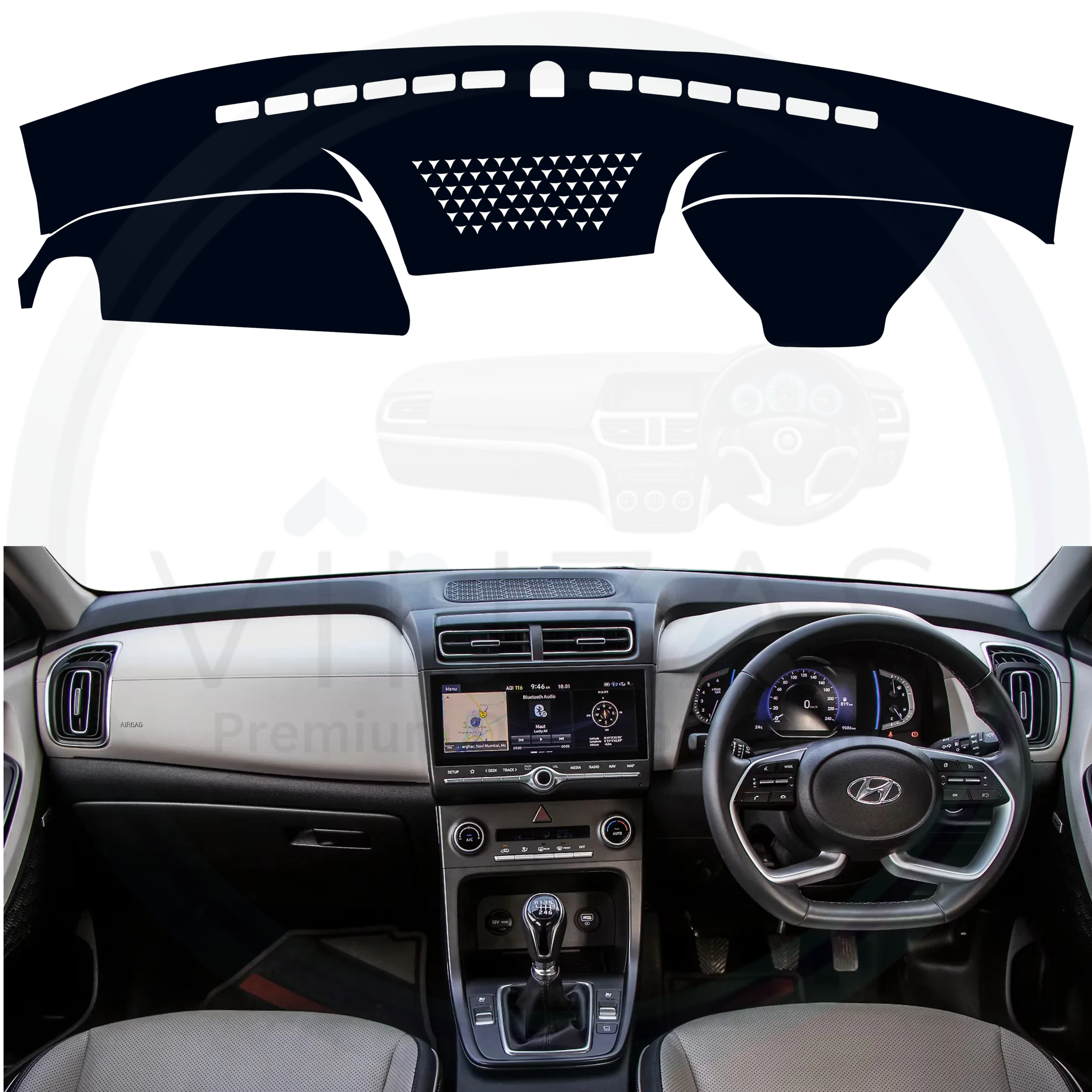 Black custom car dashboard cover installed in a Creta 2019 To 2024
