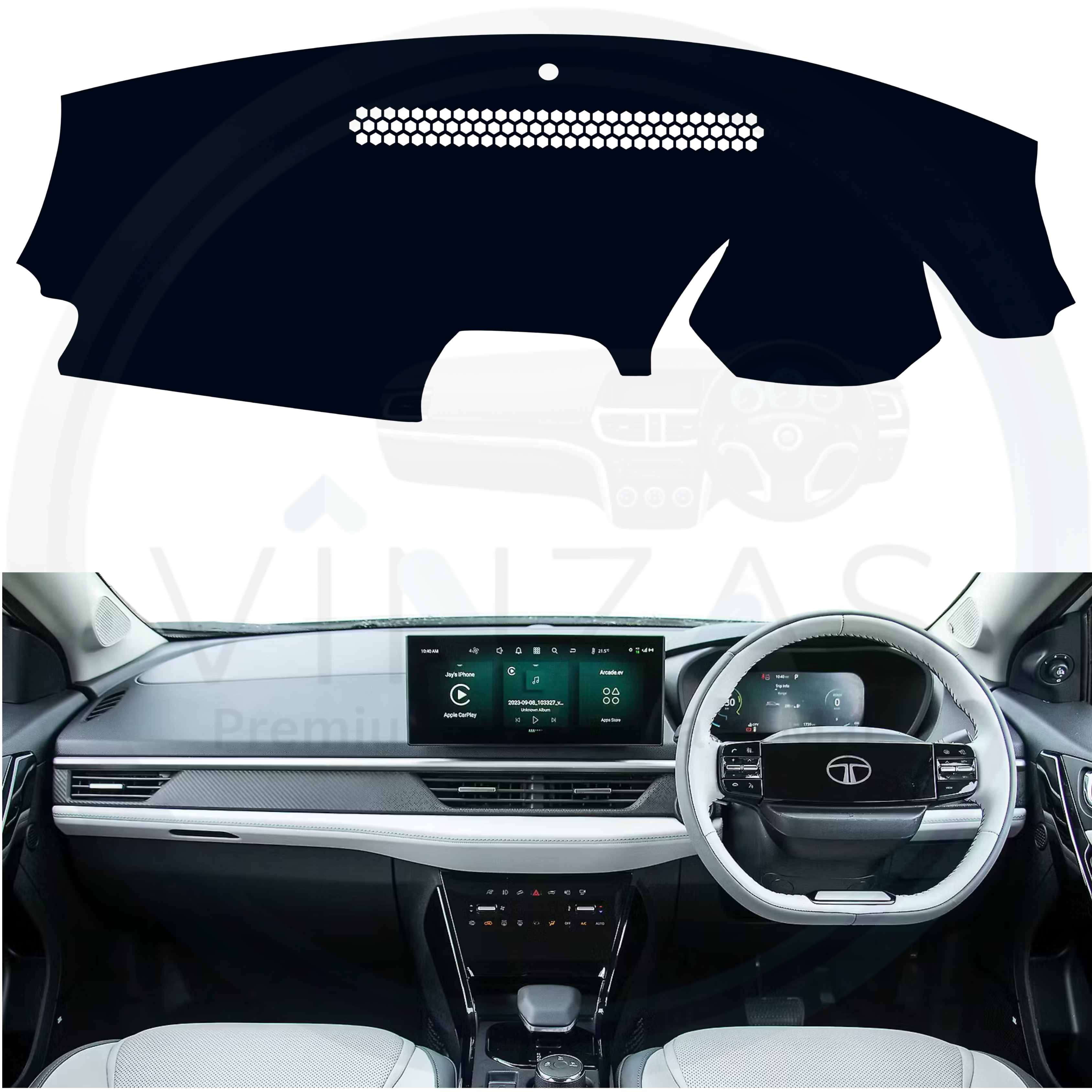Black custom car dashboard cover installed in a Curvv EV
