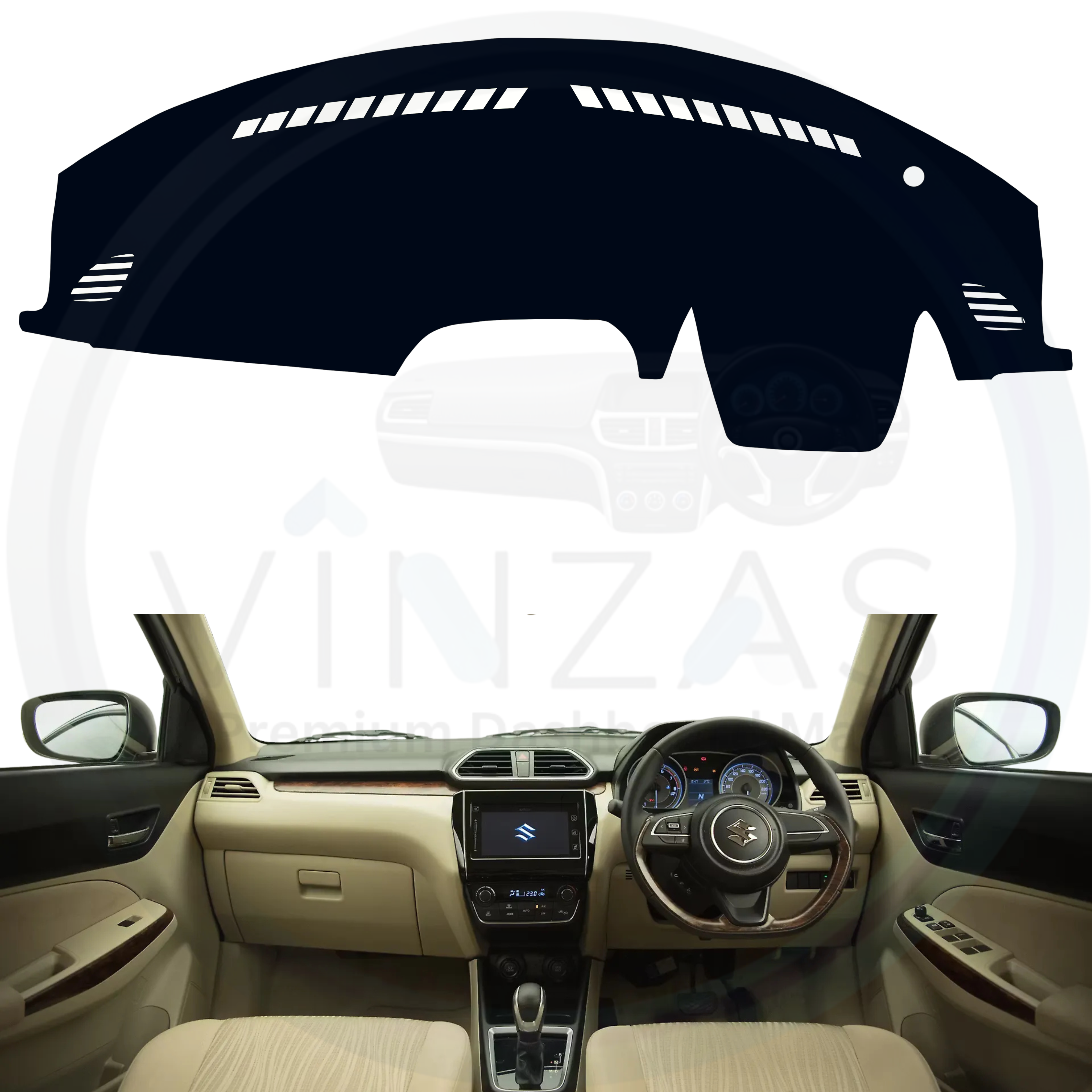 Black custom car dashboard cover installed in a Dzire 
