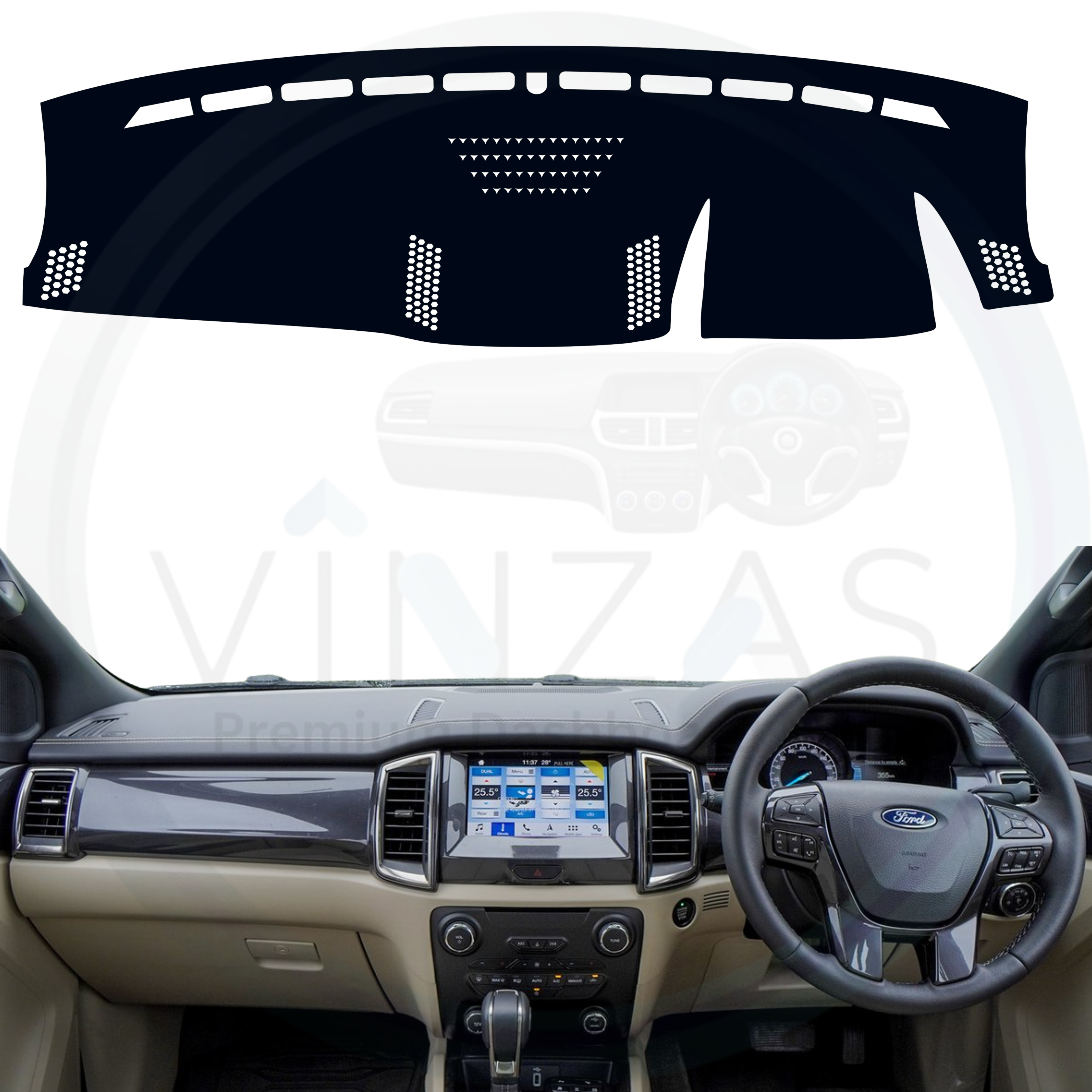 Black custom car dashboard cover installed in a Ford Endeavour 2015 To 2021