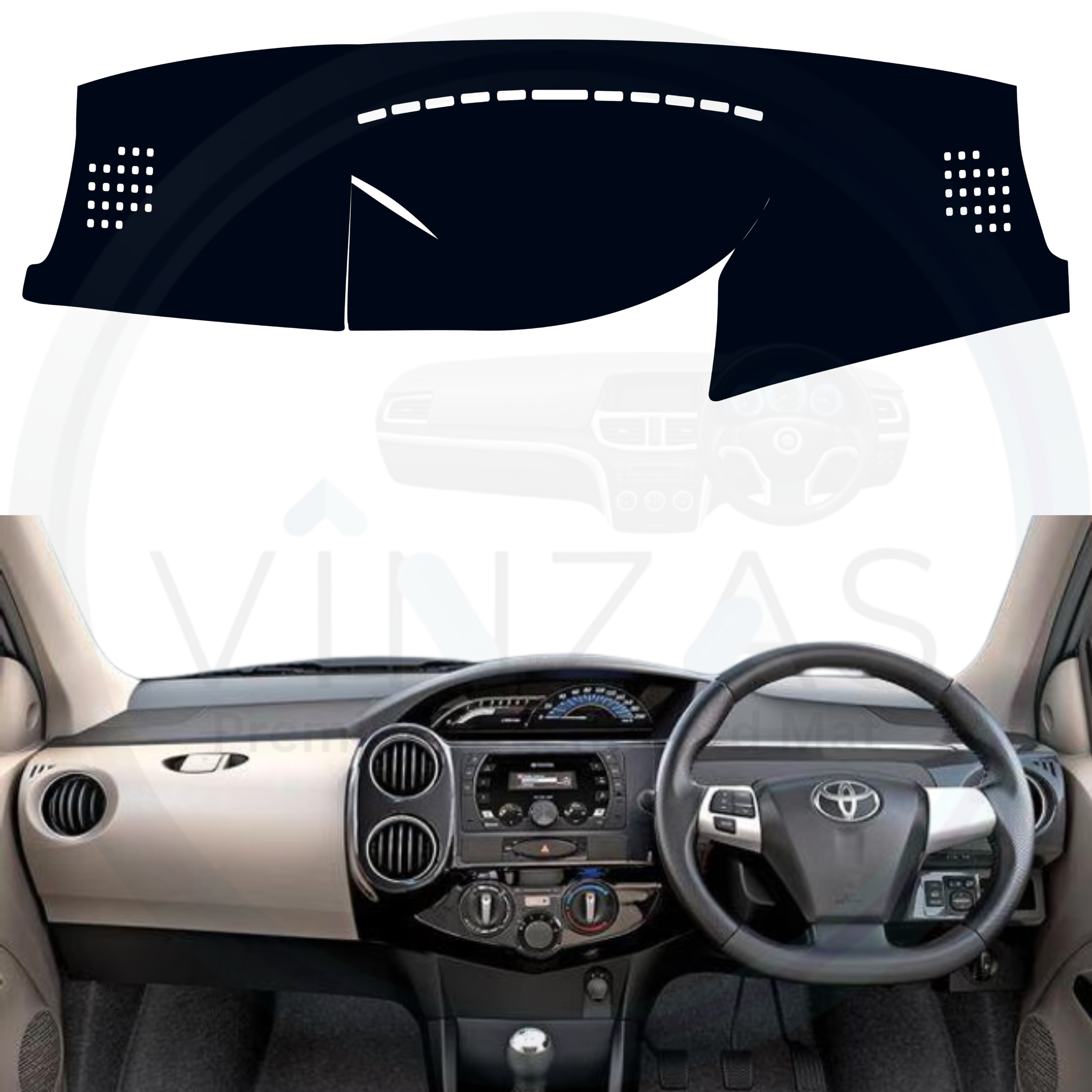 Black custom car dashboard cover installed in an Etios liva
