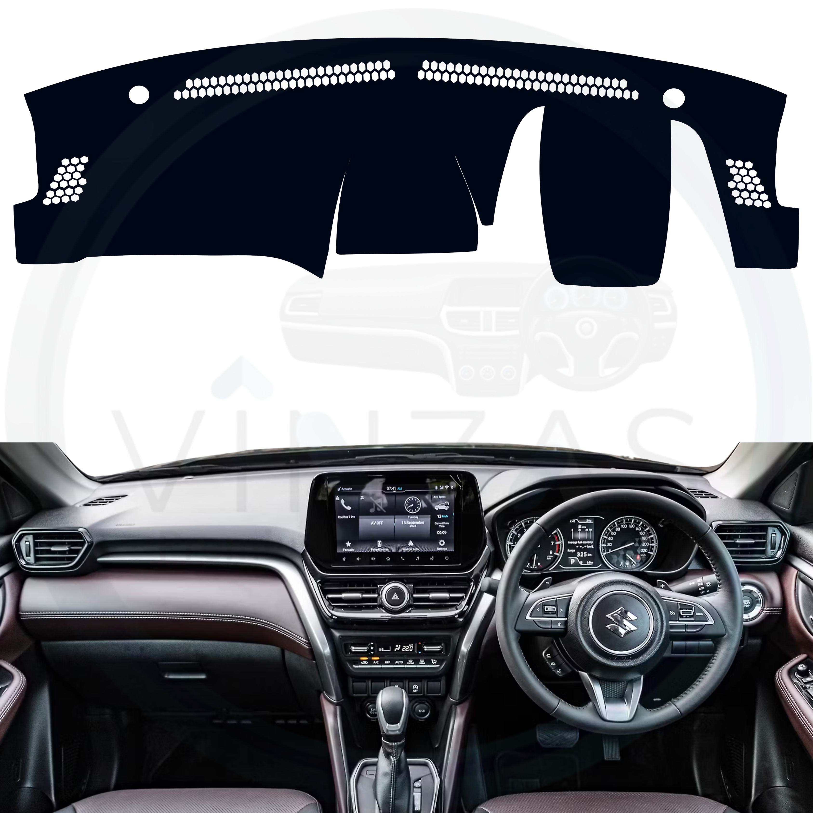 Black custom car dashboard cover installed in a Grand Vitara
