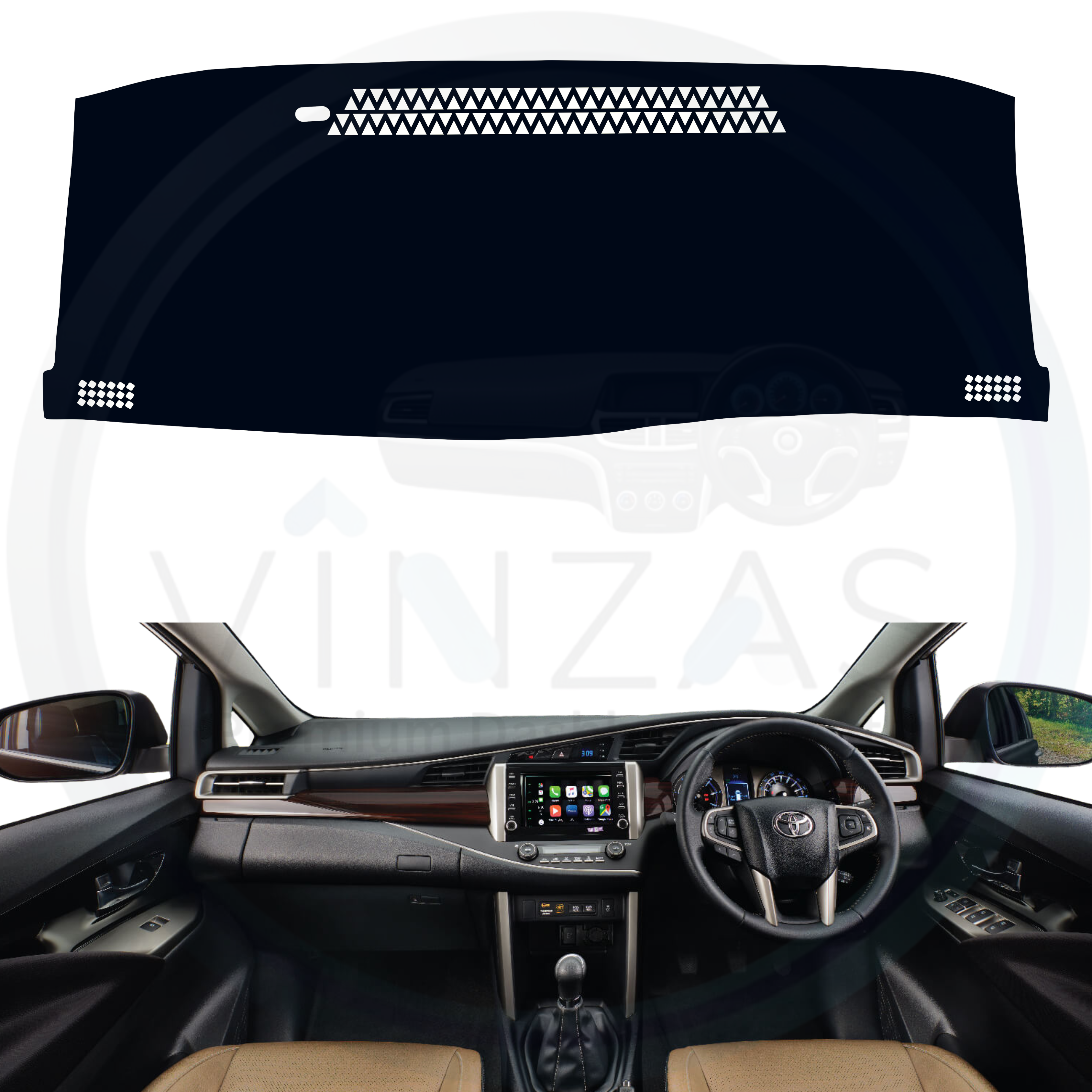 Black custom car dashboard cover installed in an Innova Crysta
