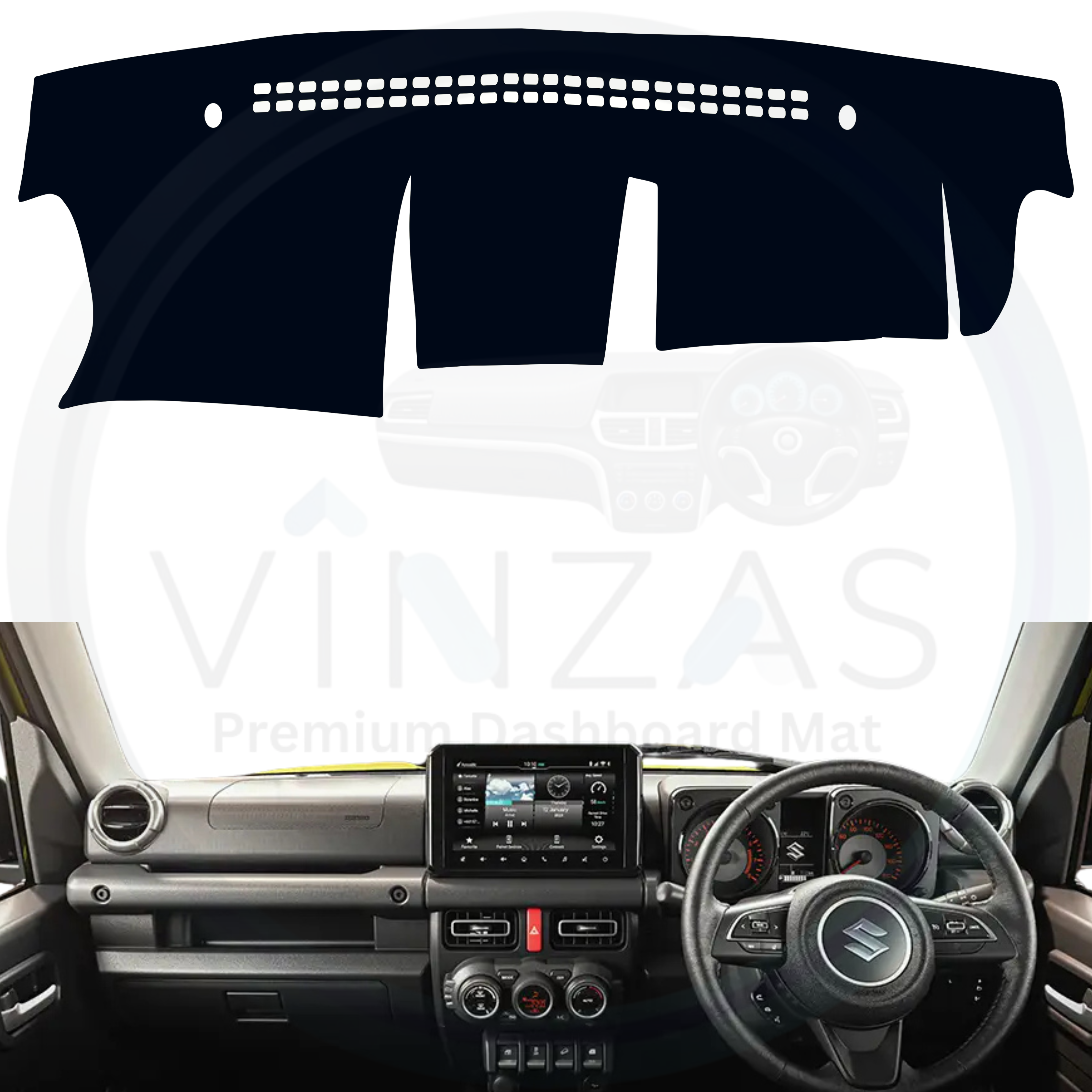 Black custom car dashboard cover installed in a Jimny
