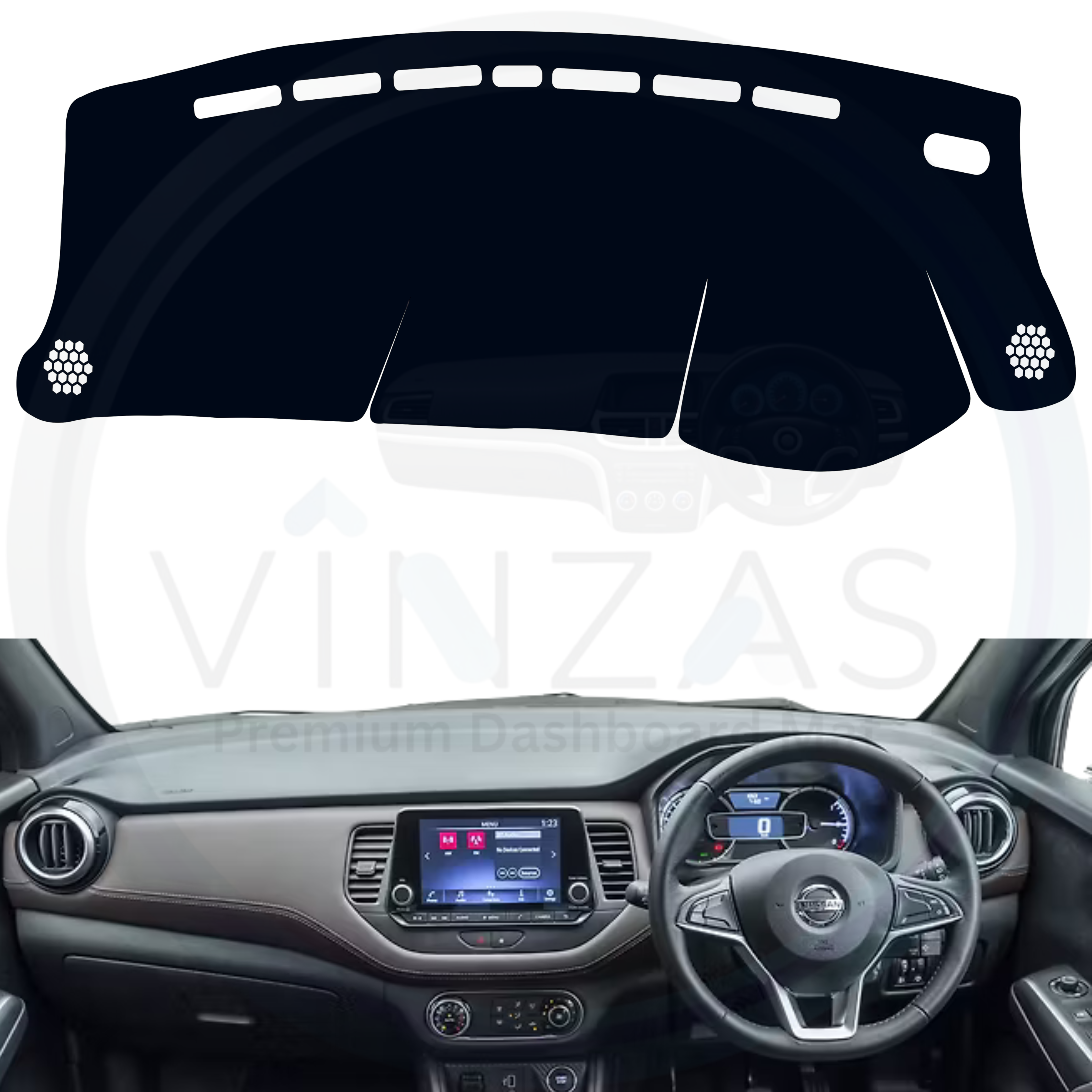 Black custom car dashboard cover installed in a Kicks 
