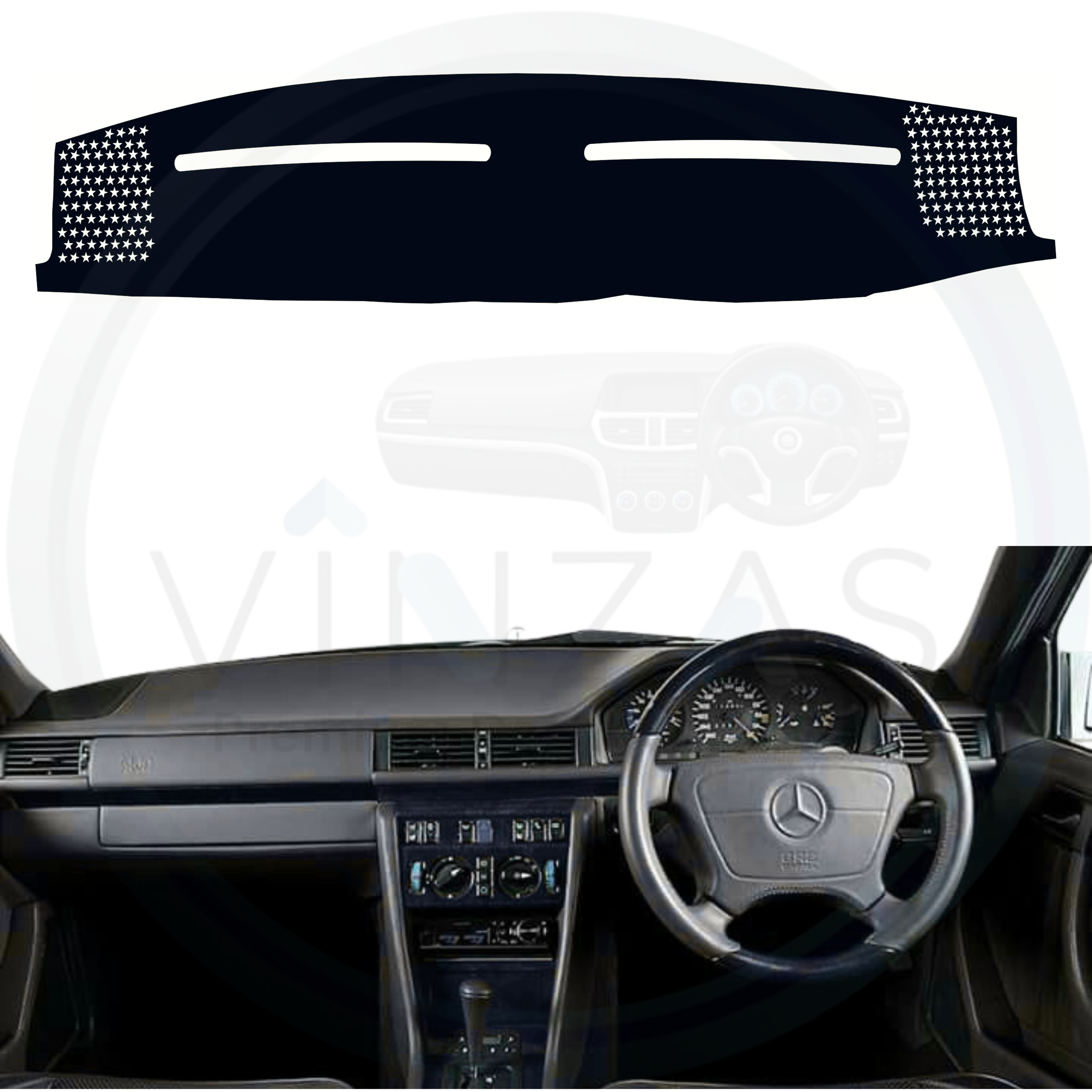 Car dashboard cover with Mercedes logo on a car interior background