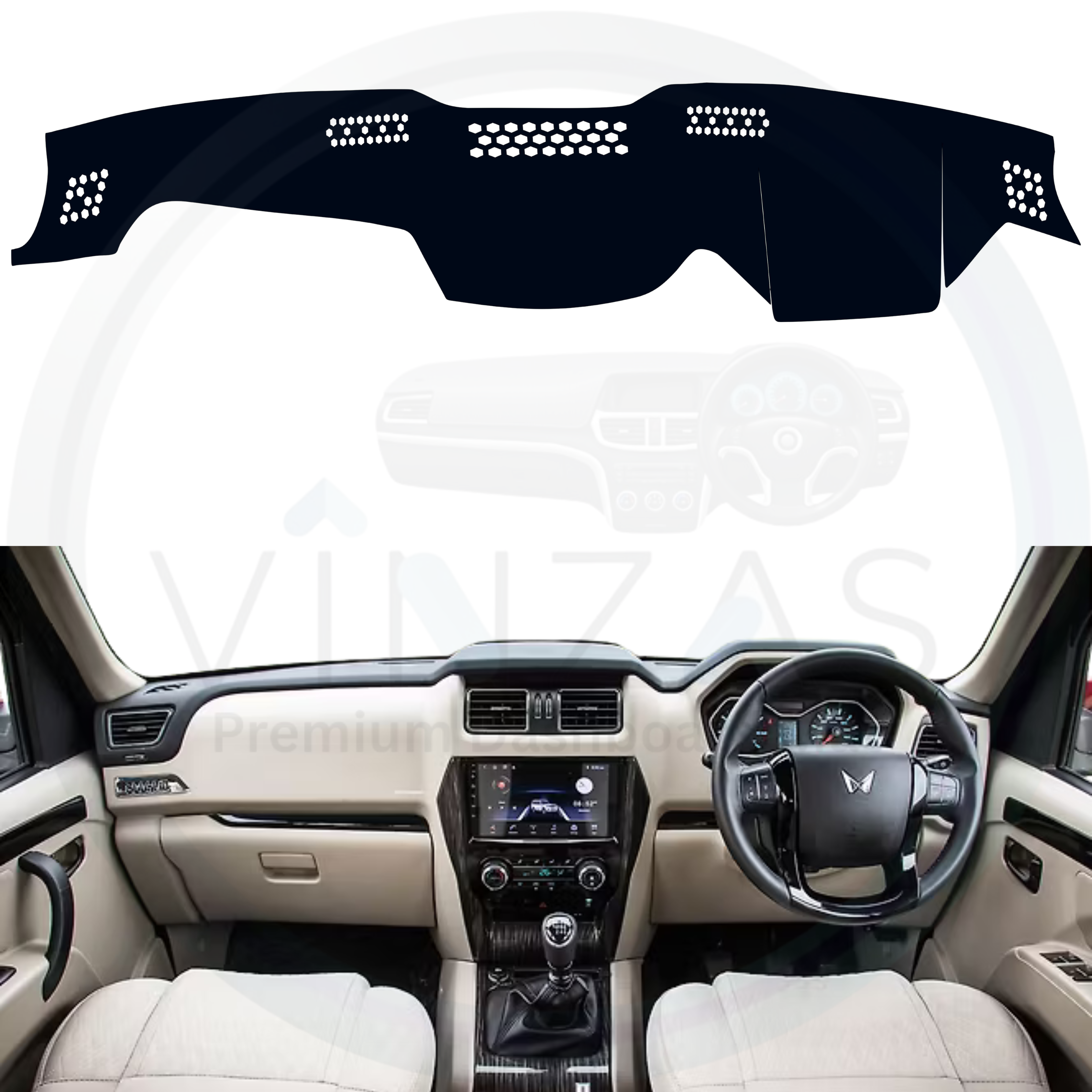 Black custom car dashboard cover installed in a Scorpio S
