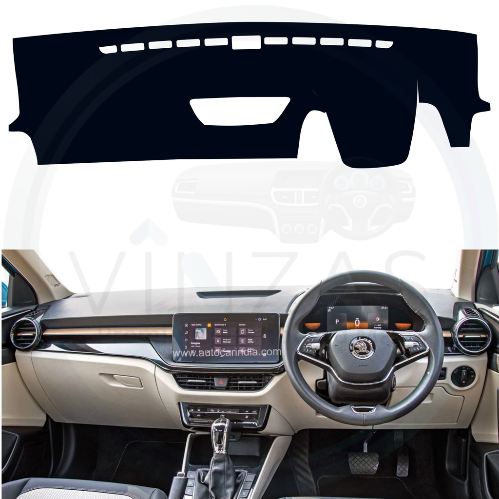 Black custom car dashboard cover installed in a Slavia 
