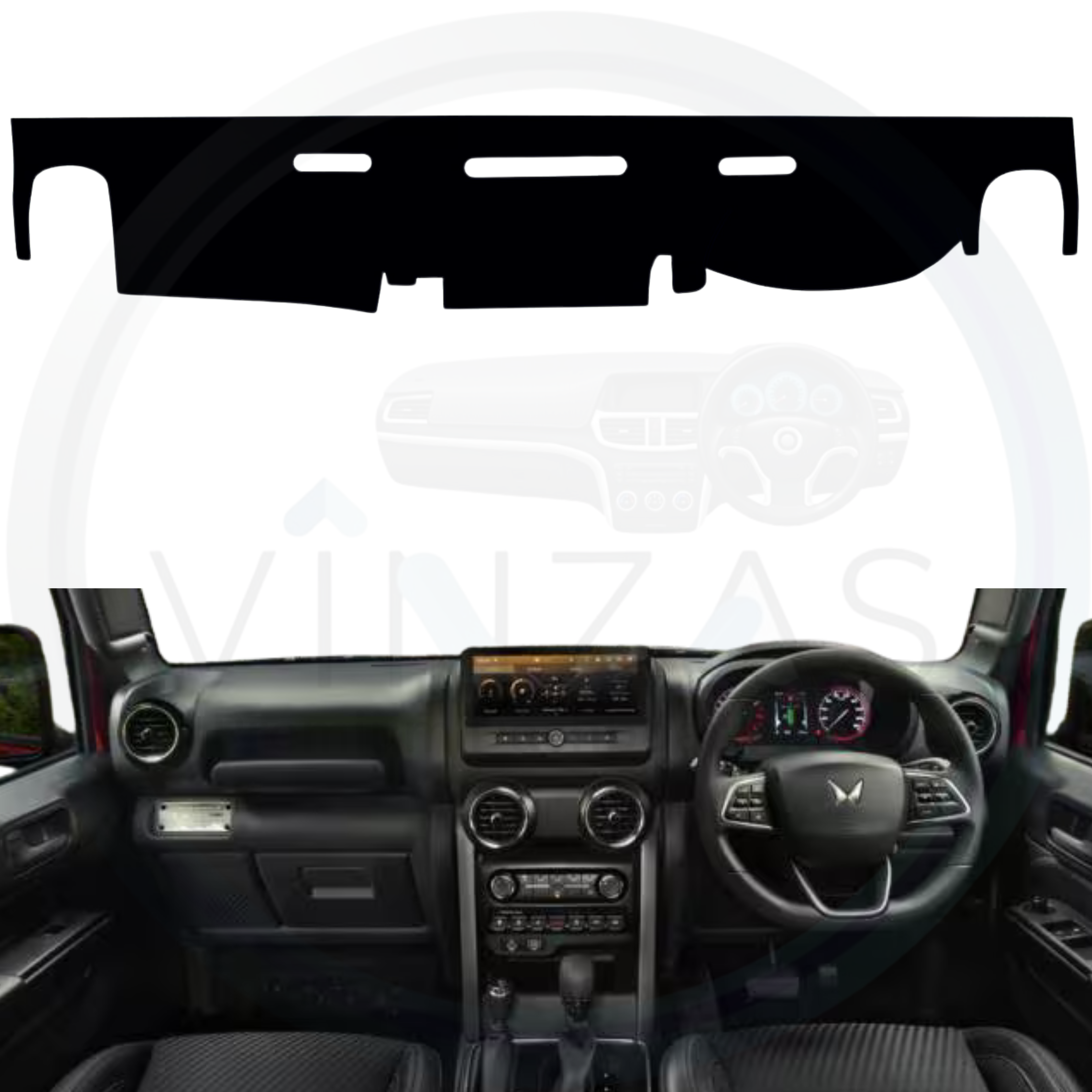 Black custom car dashboard cover installed in a Thar Roxx