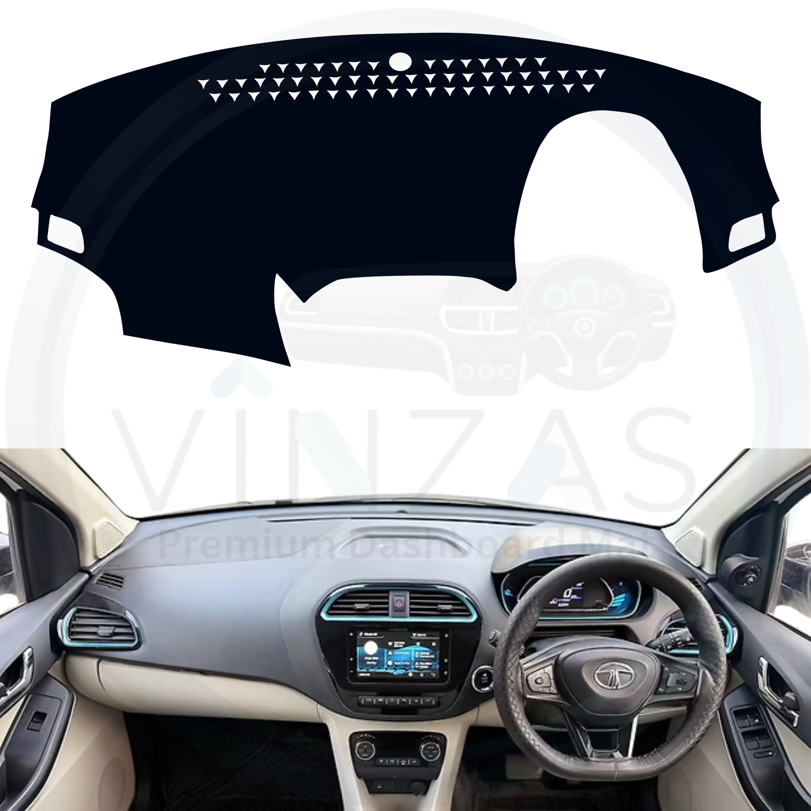 Black custom car dashboard cover installed in a Tiago EV
